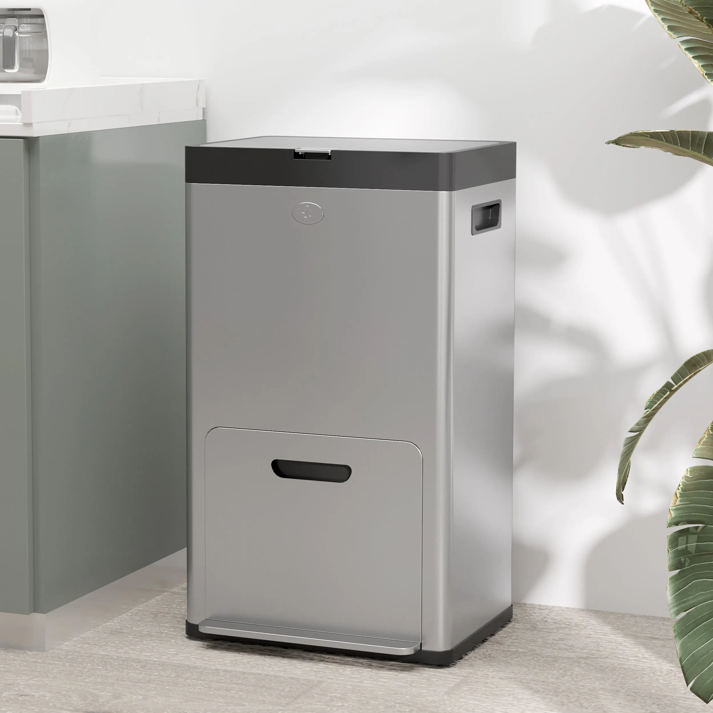 56L 3-Section Garbage Bin with Deodorant Holder, Steel and PP, 45.7x35.8x76 cm, Silver - Image 2