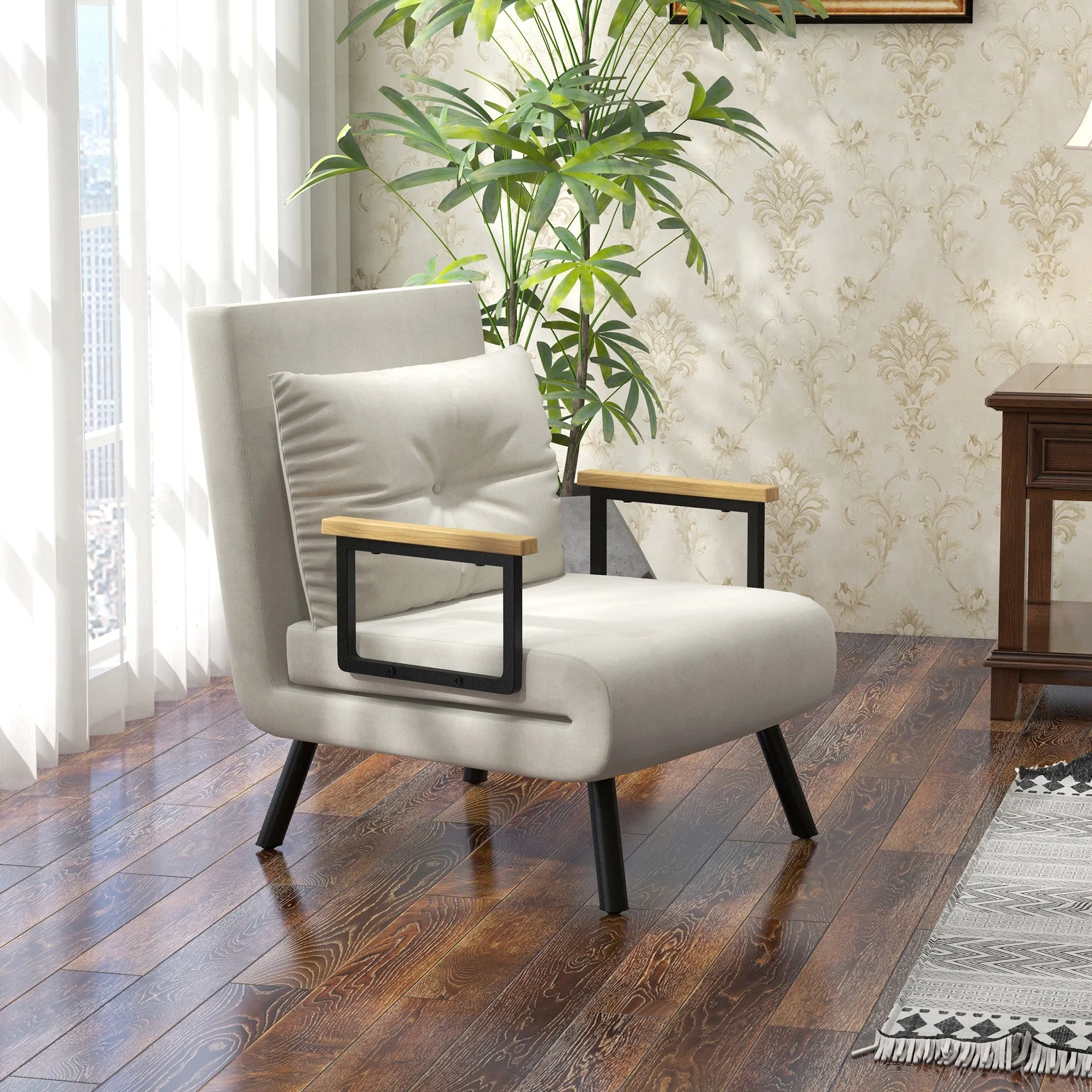 Velvet Cream, 3 in 1 Armchair Bed with Reclining Backrest and Cushion, in Velvet Effect Fabric, 63x73x81 cm, Cream - Image 2