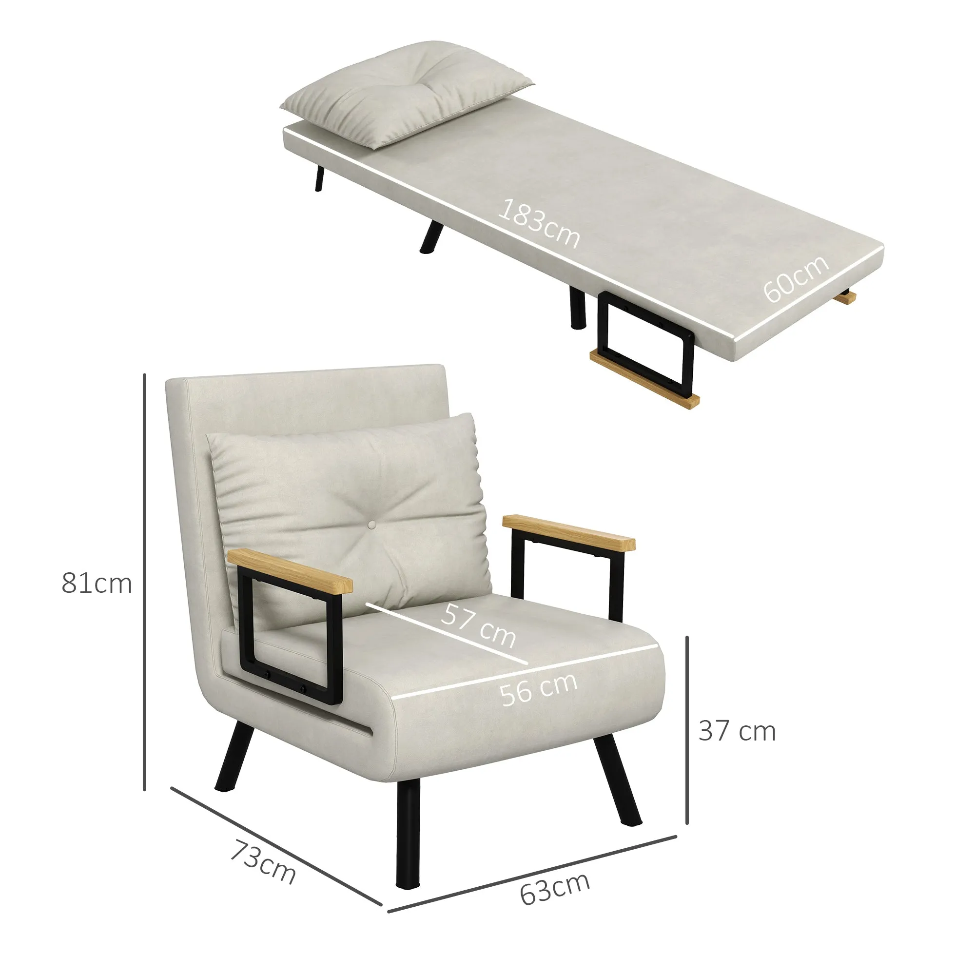 Velvet Cream, 3 in 1 Armchair Bed with Reclining Backrest and Cushion, in Velvet Effect Fabric, 63x73x81 cm, Cream - Image 3