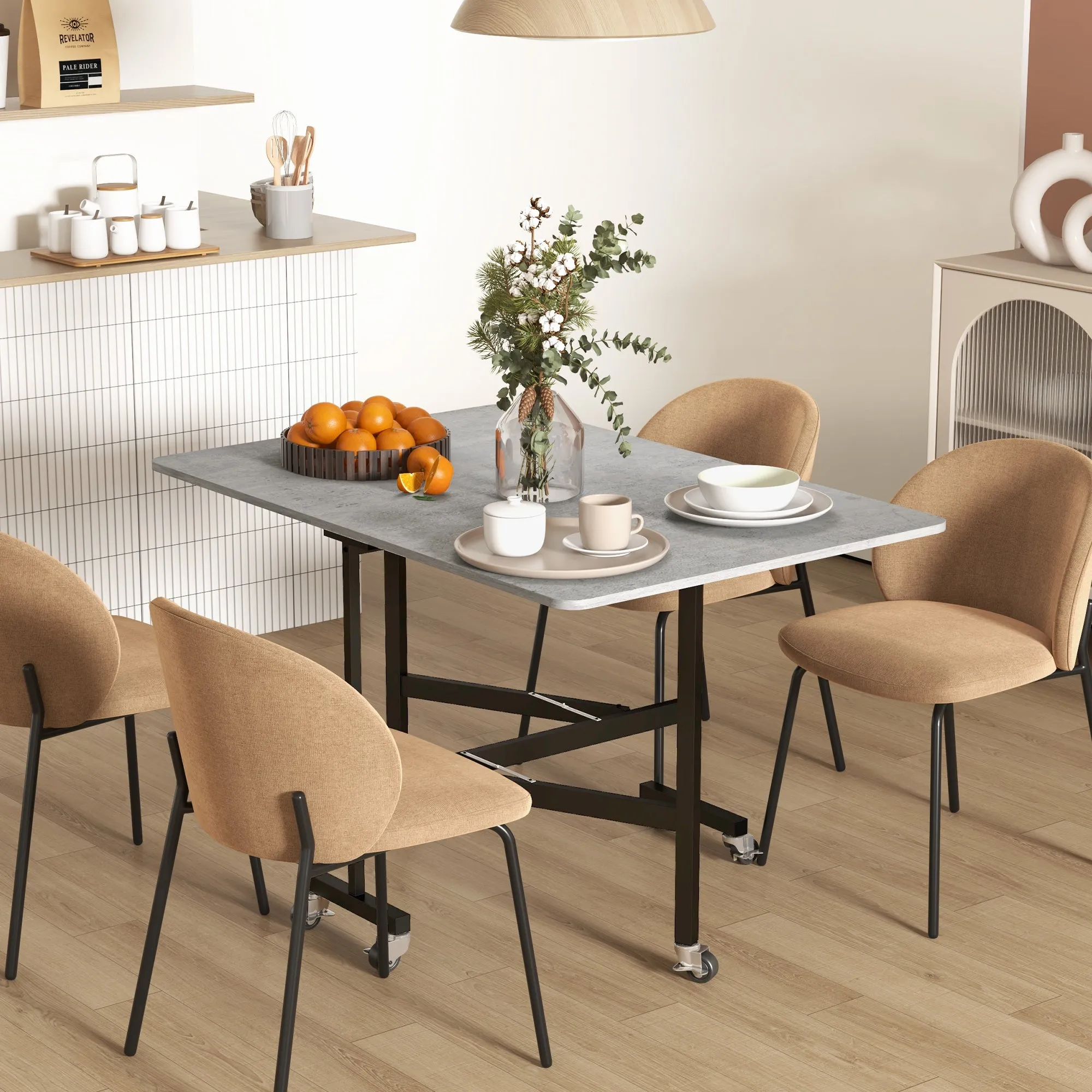 Foldable Drop-Leaf Table for 4-6 People with 6 Wheels, in Wood and Steel, 120x80x73 cm, Grey - Image 2