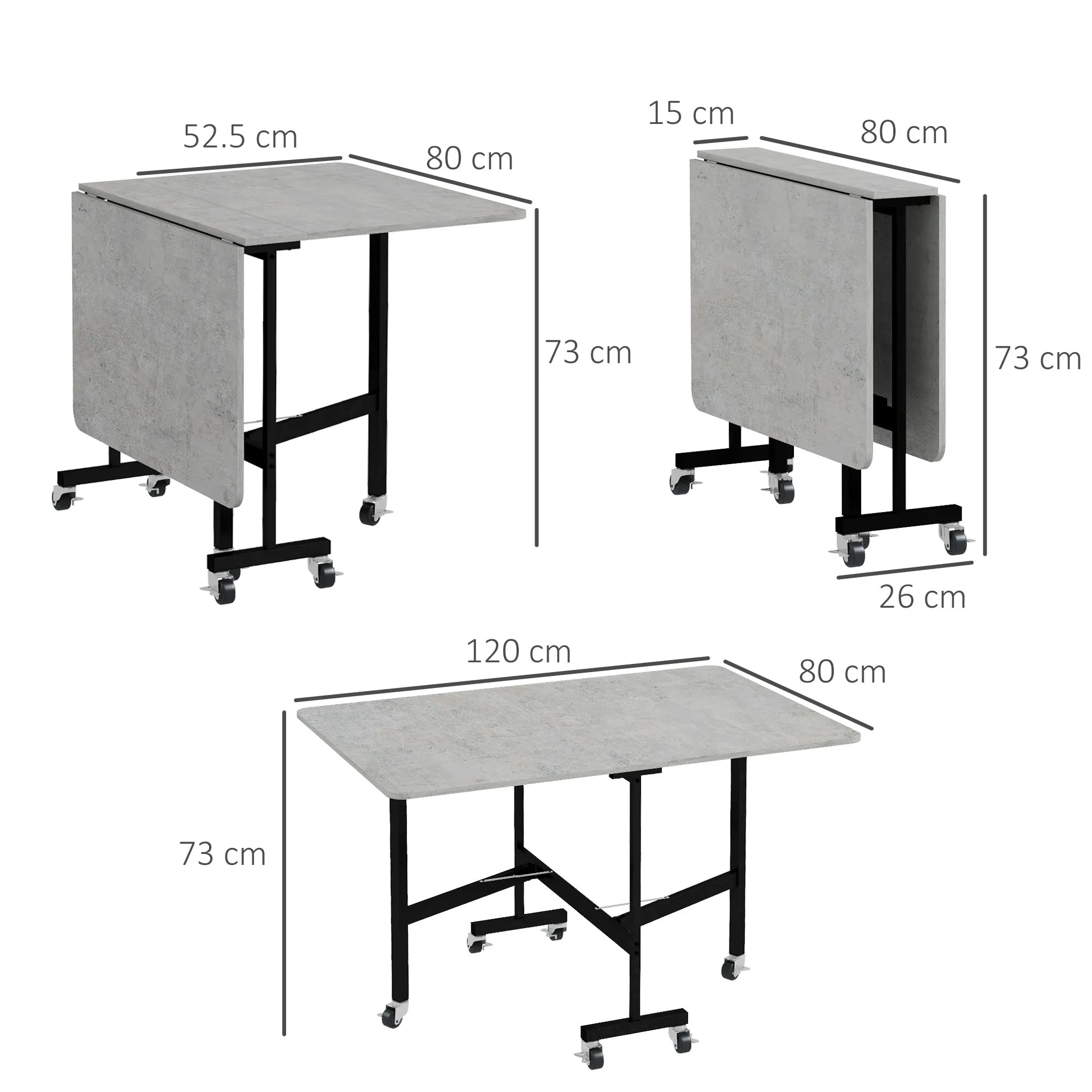 Foldable Drop-Leaf Table for 4-6 People with 6 Wheels, in Wood and Steel, 120x80x73 cm, Grey - Image 3