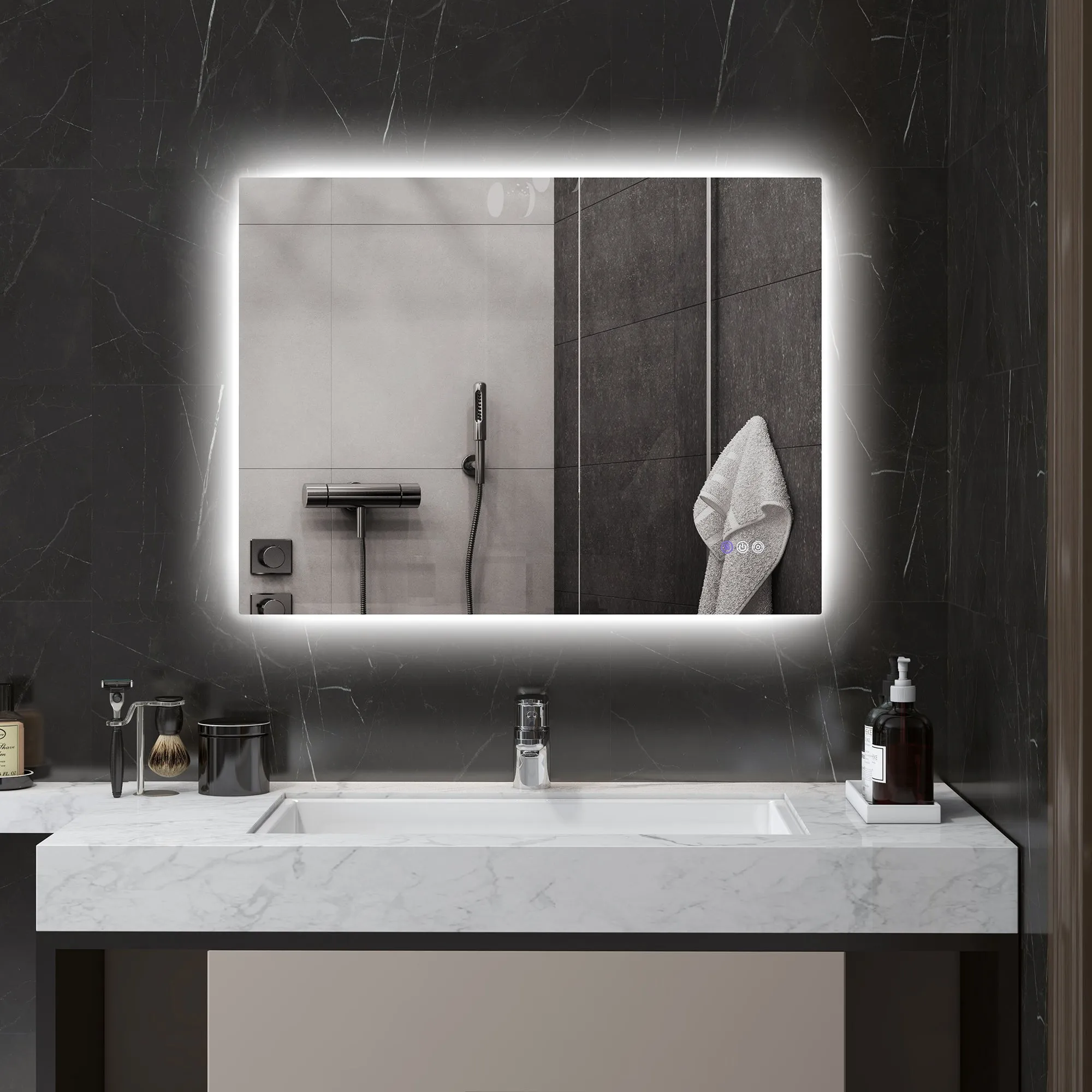 Anti-fog Bathroom Mirror with Adjustable Brightness and Color, Glass and Aluminum Alloy, 80x60x4 cm - Image 2