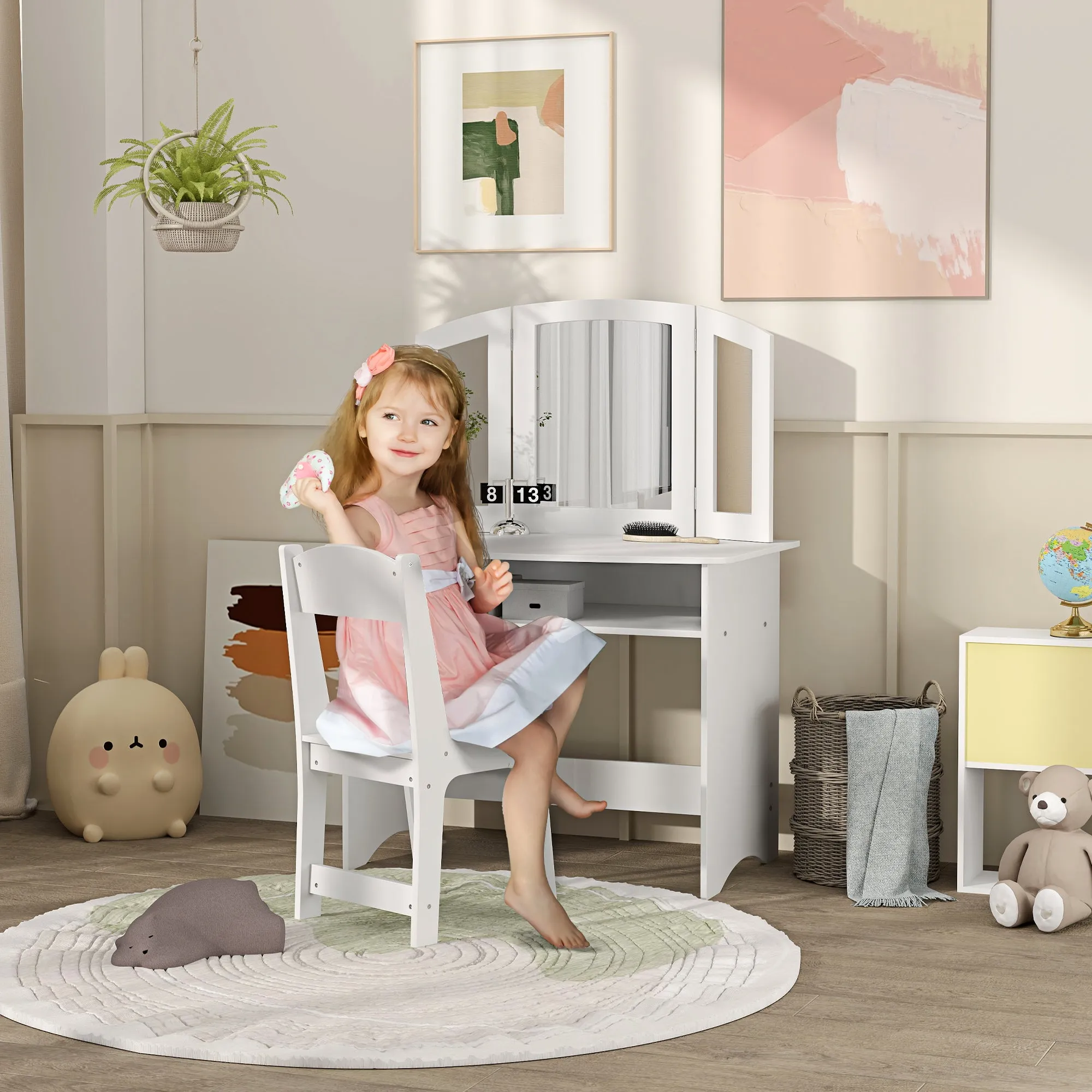 Kids Makeup Set with Removable Triple Mirror Dressing Table and White Wooden Chair - Image 2