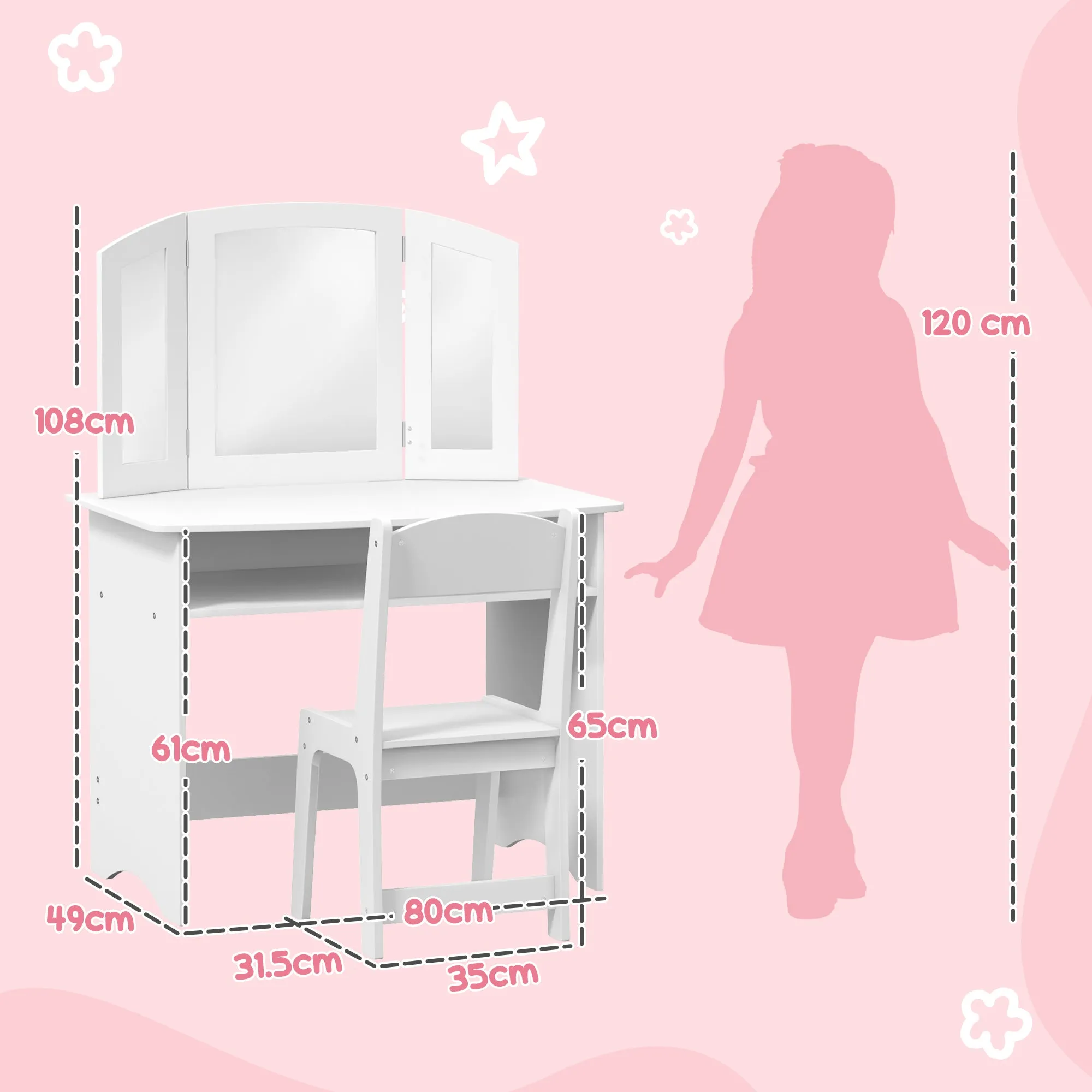 Kids Makeup Set with Removable Triple Mirror Dressing Table and White Wooden Chair - Image 3