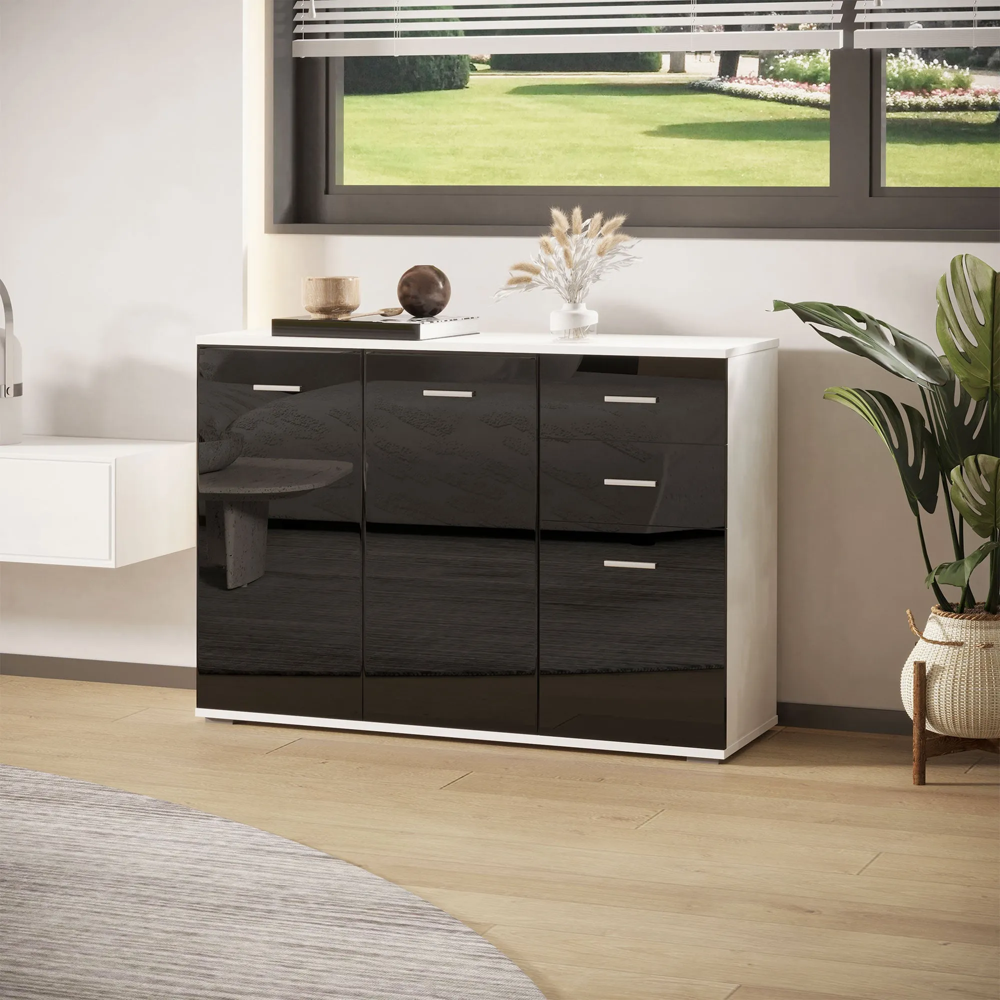 Chest of Drawers, Living Room and Bedroom Cabinet with 3 Doors and 2 Drawers, Glossy Black, Scratch-Resistant (106 x 35 x 76 cm) - Image 2