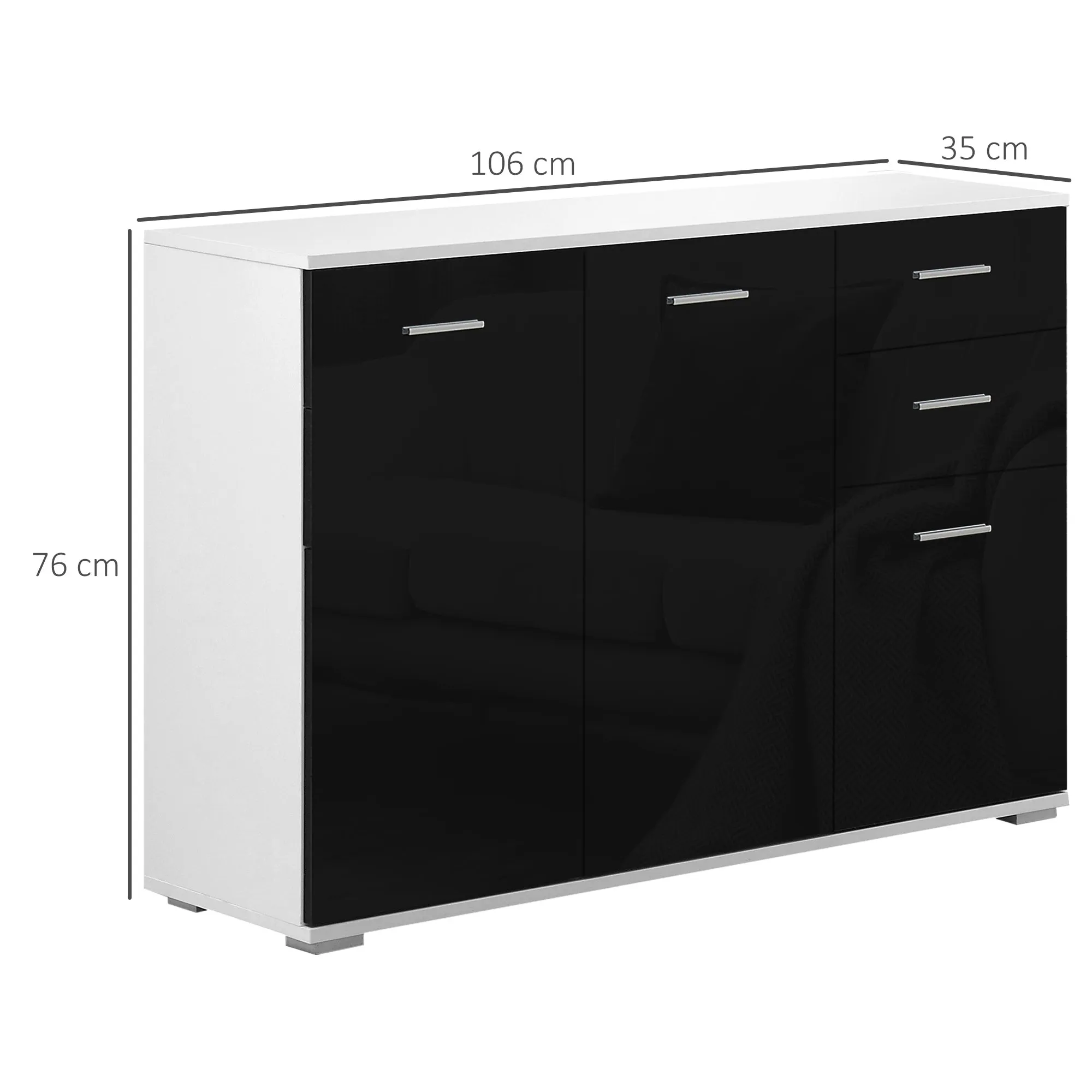 Chest of Drawers, Living Room and Bedroom Cabinet with 3 Doors and 2 Drawers, Glossy Black, Scratch-Resistant (106 x 35 x 76 cm) - Image 3