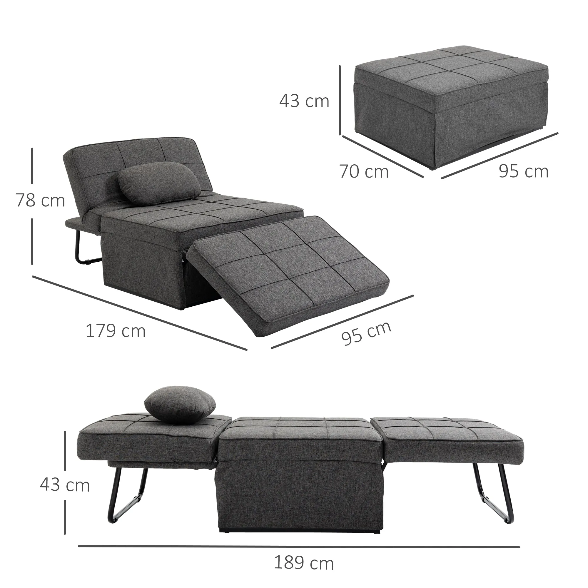 Sofa Bed 3 in 1 with Adjustable Backrest and Cushion, in Linen Effect Fabric, 95x179x78 cm, Grey - Image 3