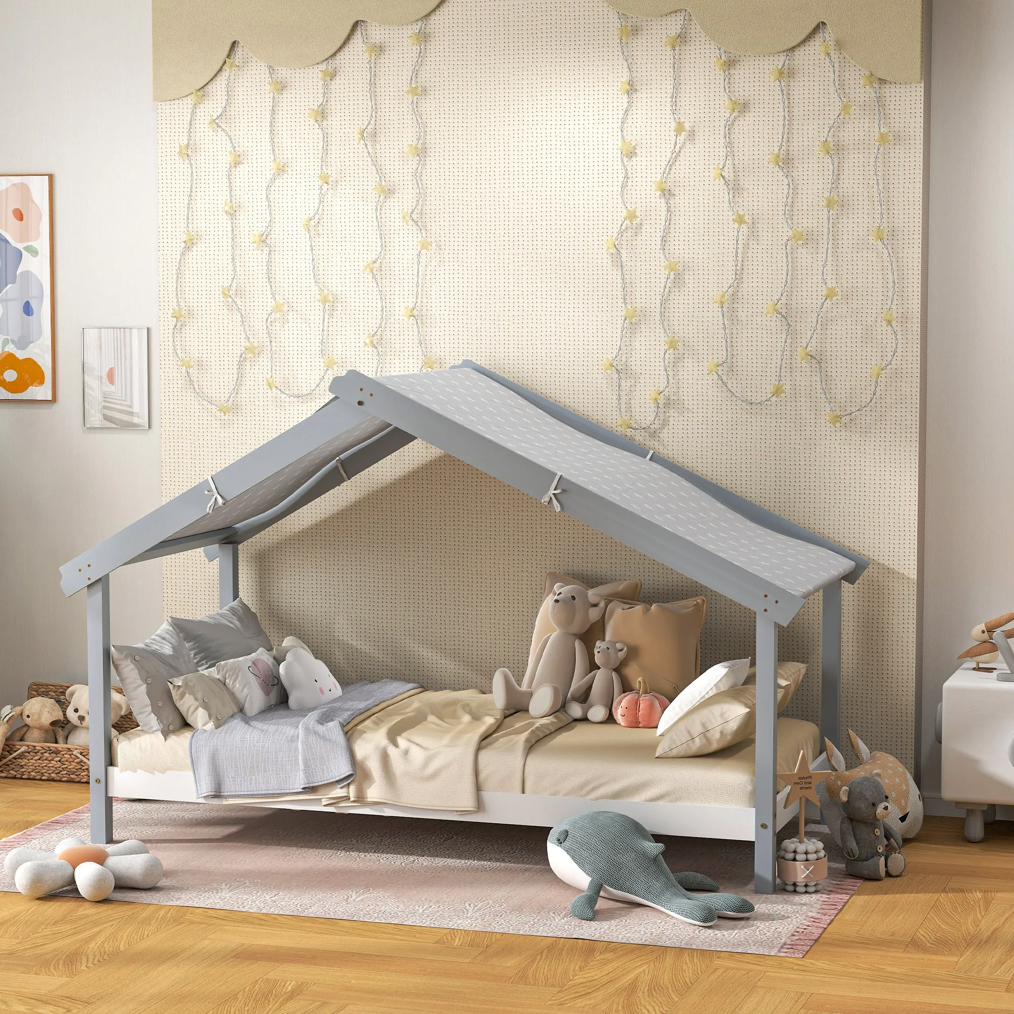 Slatted Pine Wood House Bed with Fabric Starry Roof, 213x100x140 cm, Grey - Image 2