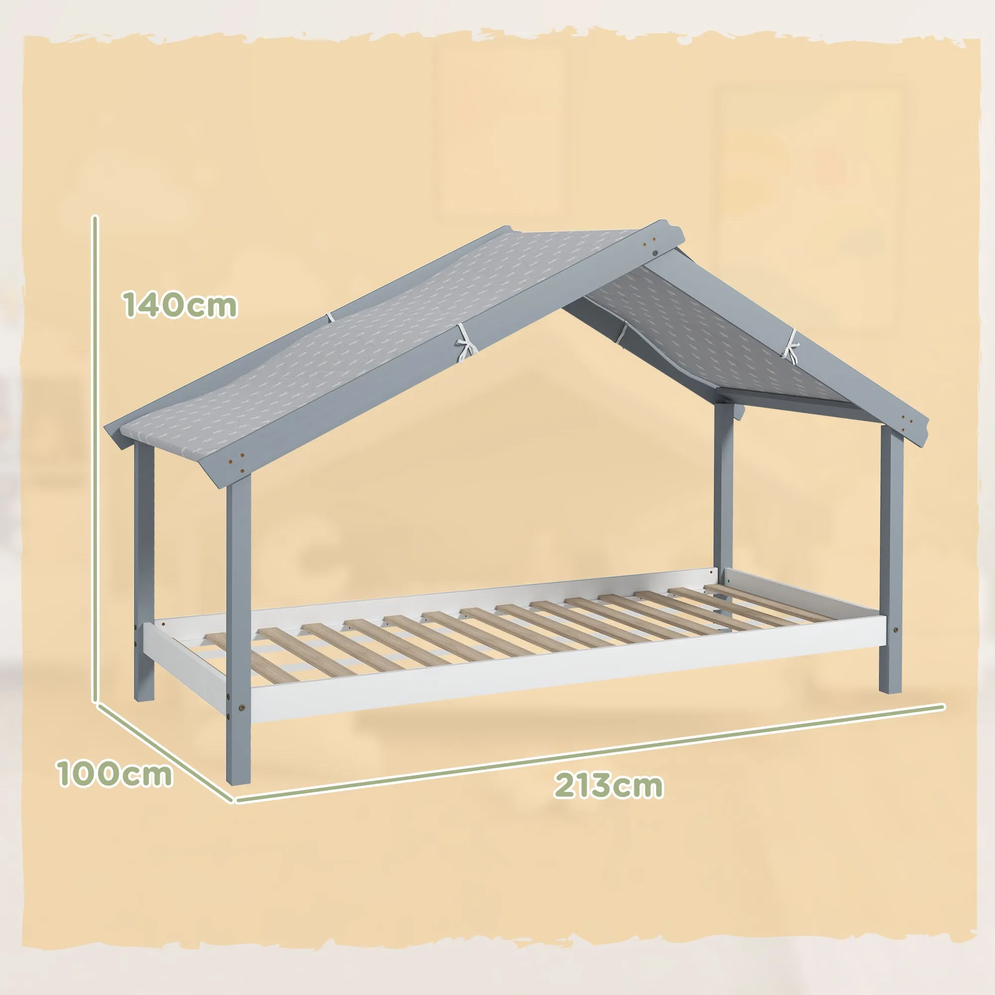 Slatted Pine Wood House Bed with Fabric Starry Roof, 213x100x140 cm, Grey - Image 3