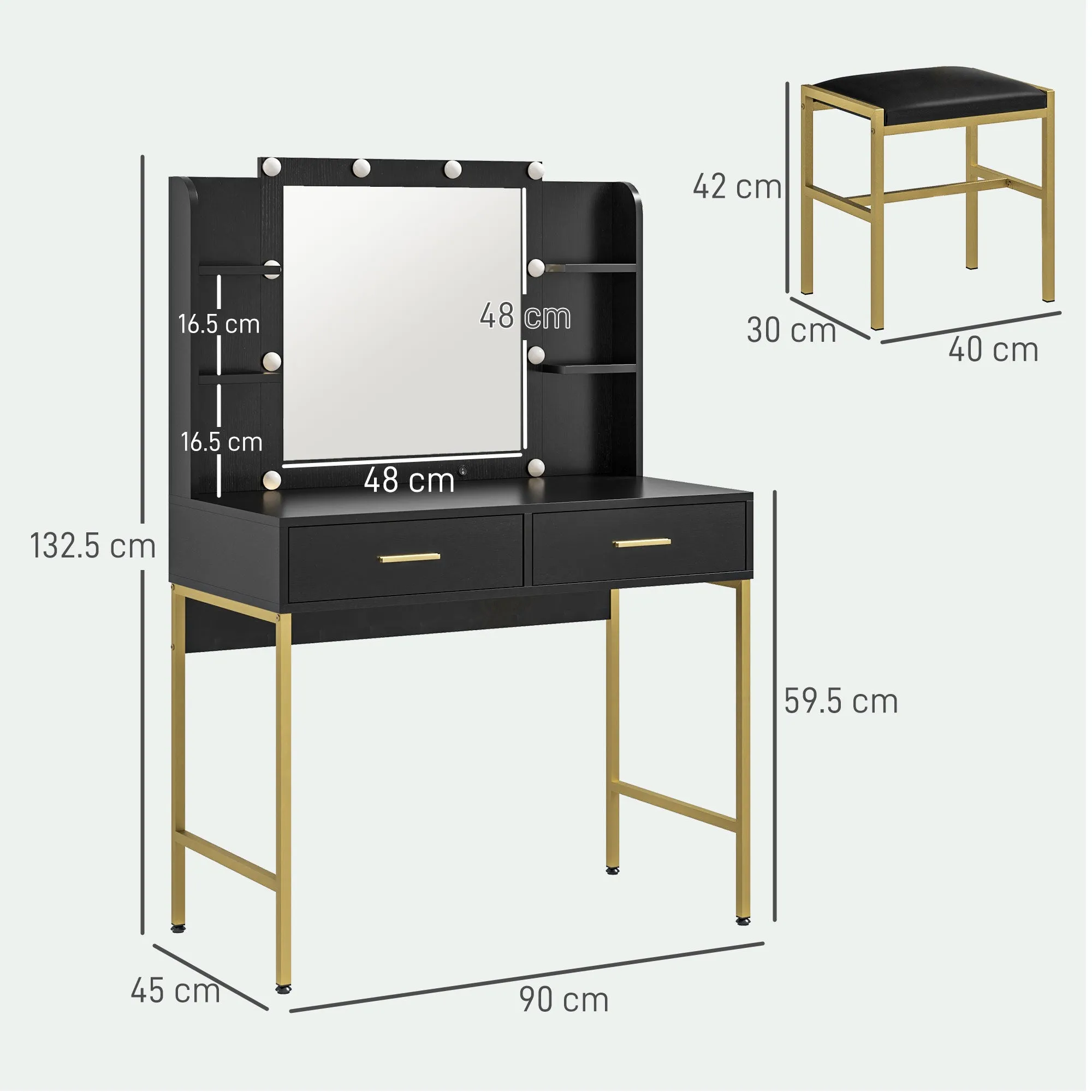 Vanity Dressing Table with 2 Drawers, 6 Shelves, Mirror and Stool, in Wood and Steel, 90x45x132.5 cm, Black - Image 3
