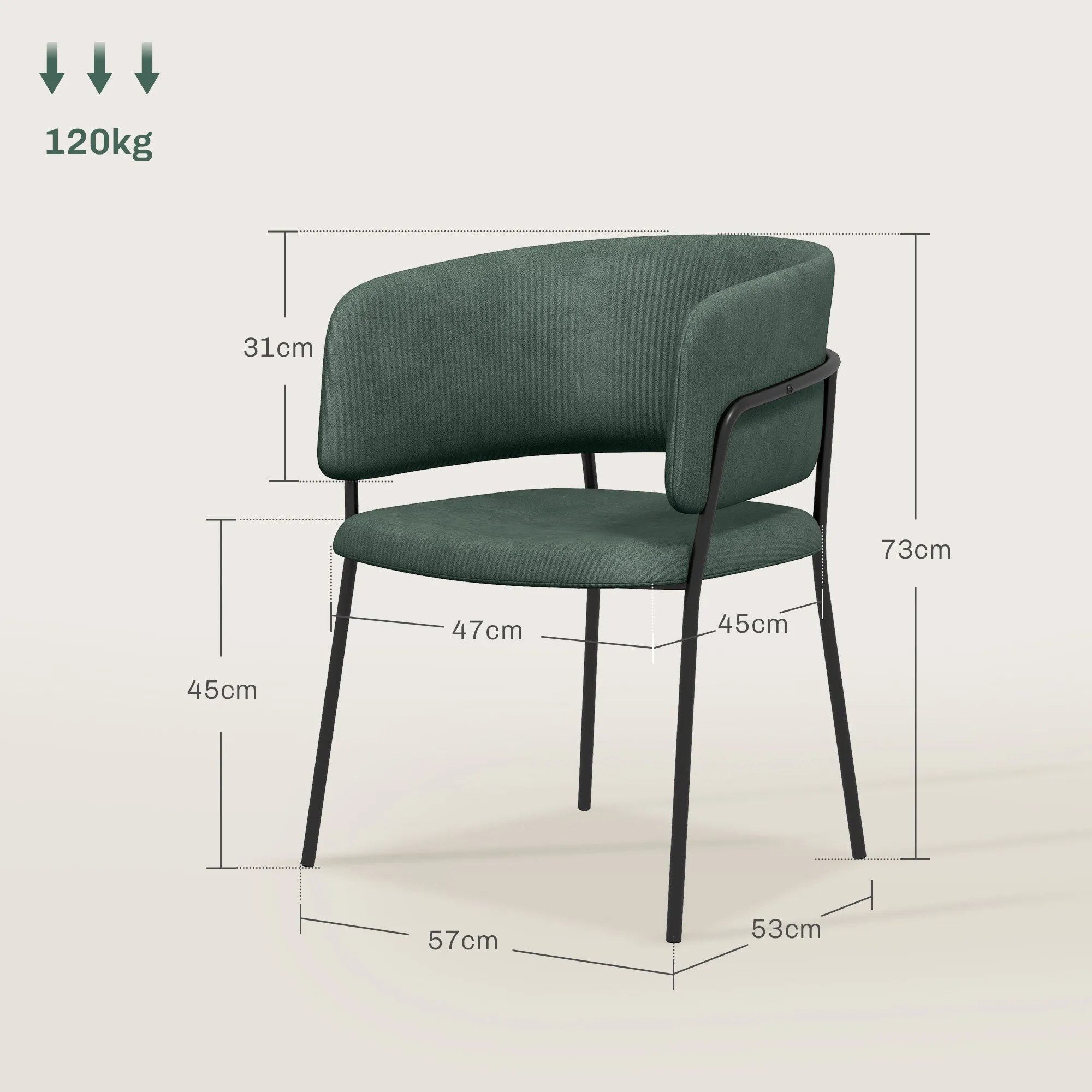 Set of 2 Upholstered Kitchen Dining Chairs, in Velvet Effect Fabric and Steel, 57x53x73 cm, Green - Image 3