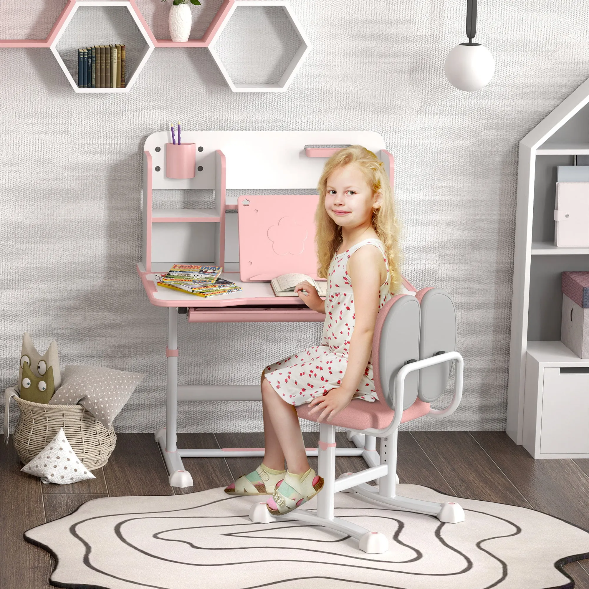 Adjustable Children's Desk and Chair Set, School Desk with Tilting Top, Drawer, Shelf, Pink - Image 2