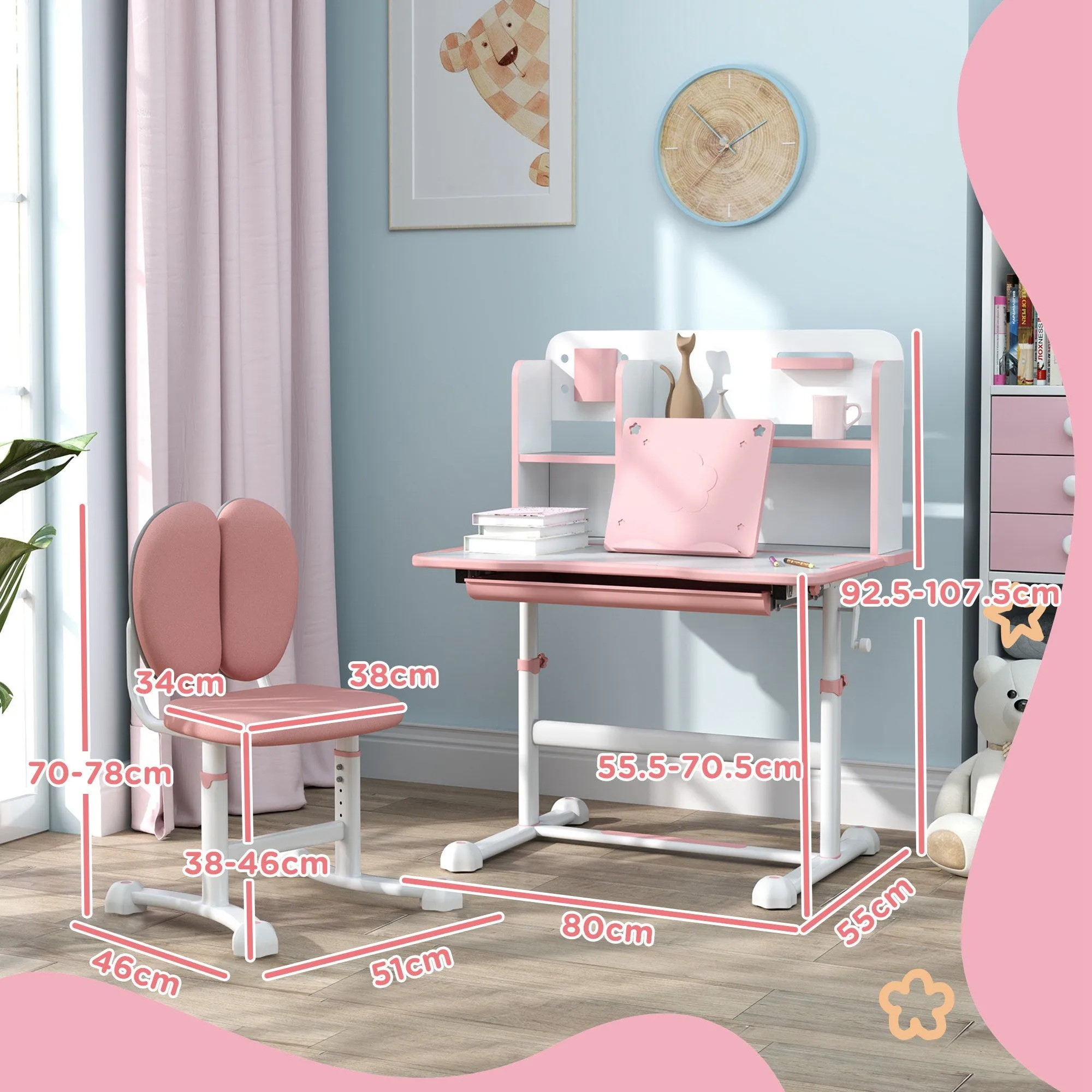 Adjustable Children's Desk and Chair Set, School Desk with Tilting Top, Drawer, Shelf, Pink - Image 3