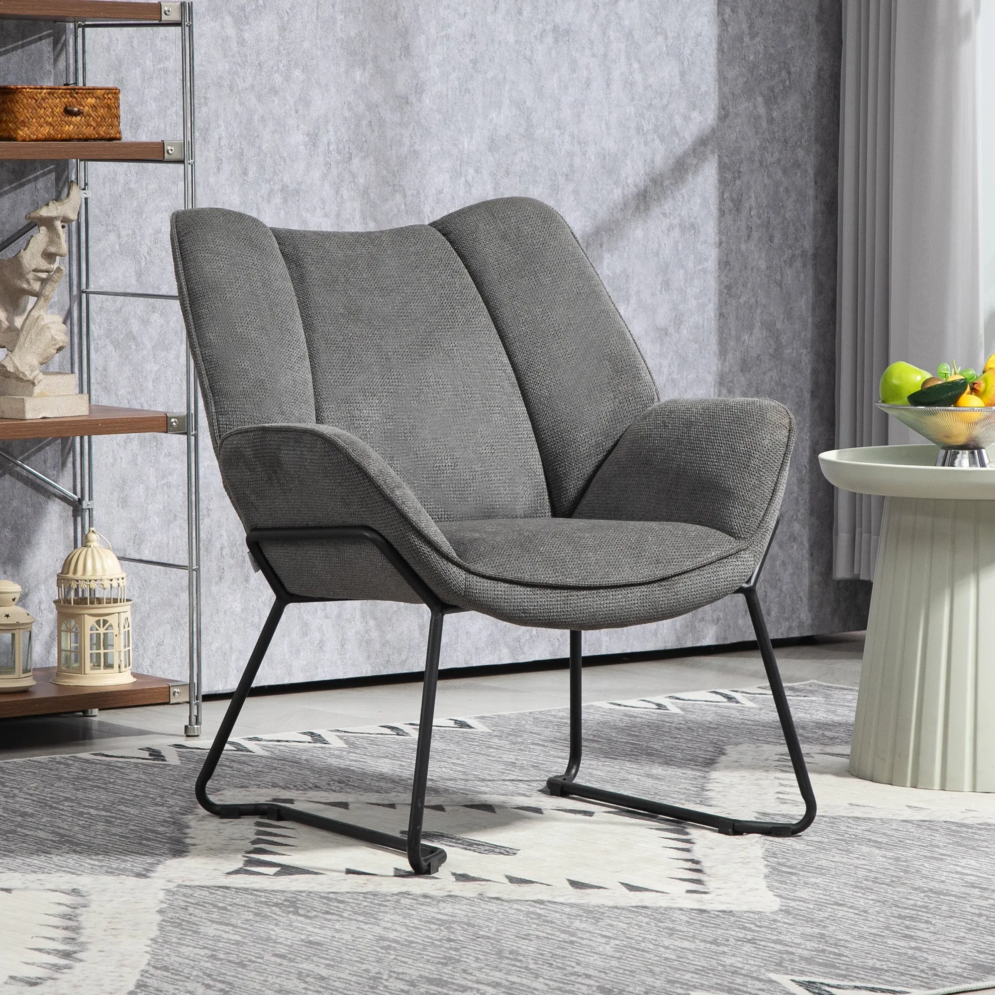 Armchair with Slanted Armrests, in Linen Effect Fabric and Steel, 71.5x67x79 cm, Grey - Image 2