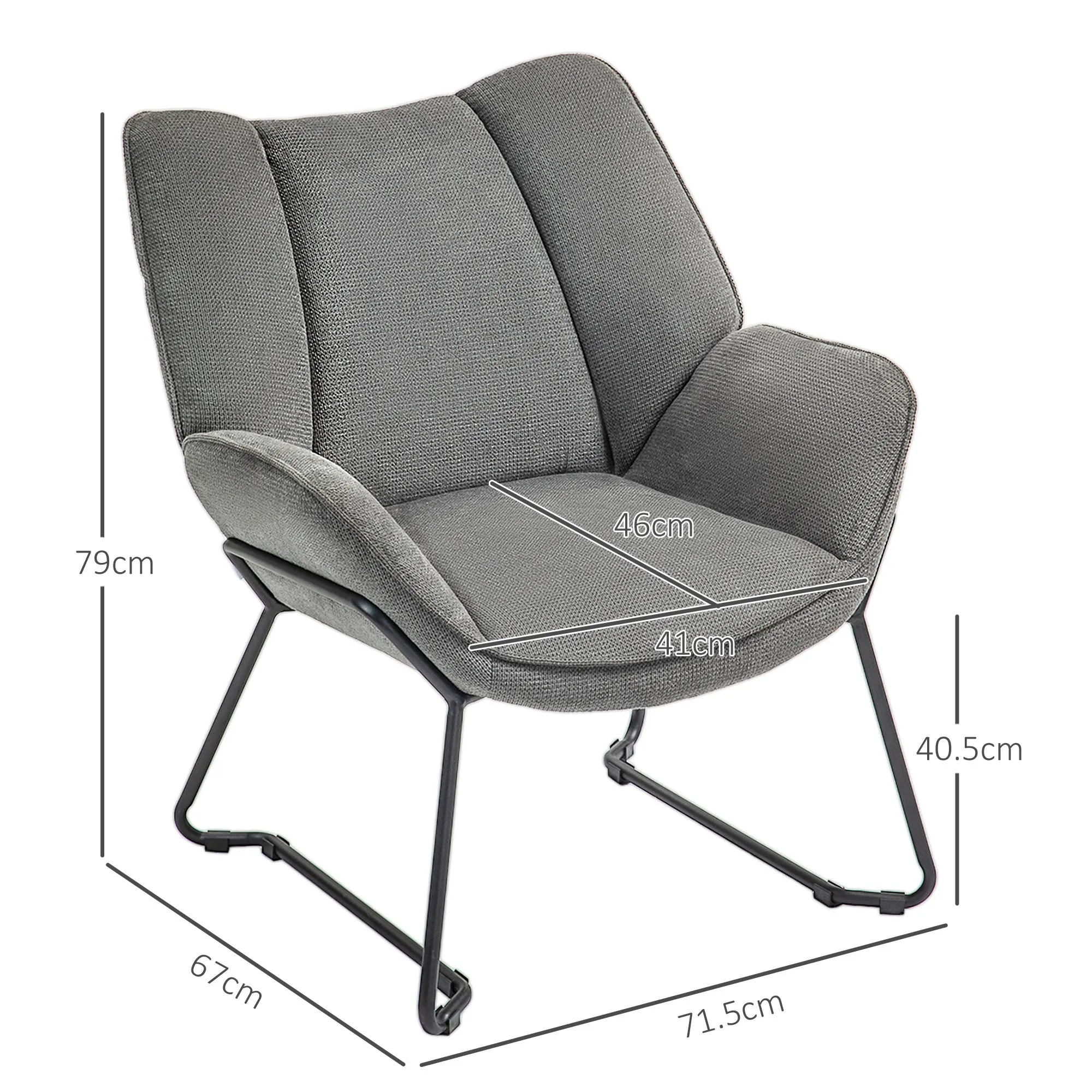 Armchair with Slanted Armrests, in Linen Effect Fabric and Steel, 71.5x67x79 cm, Grey - Image 3