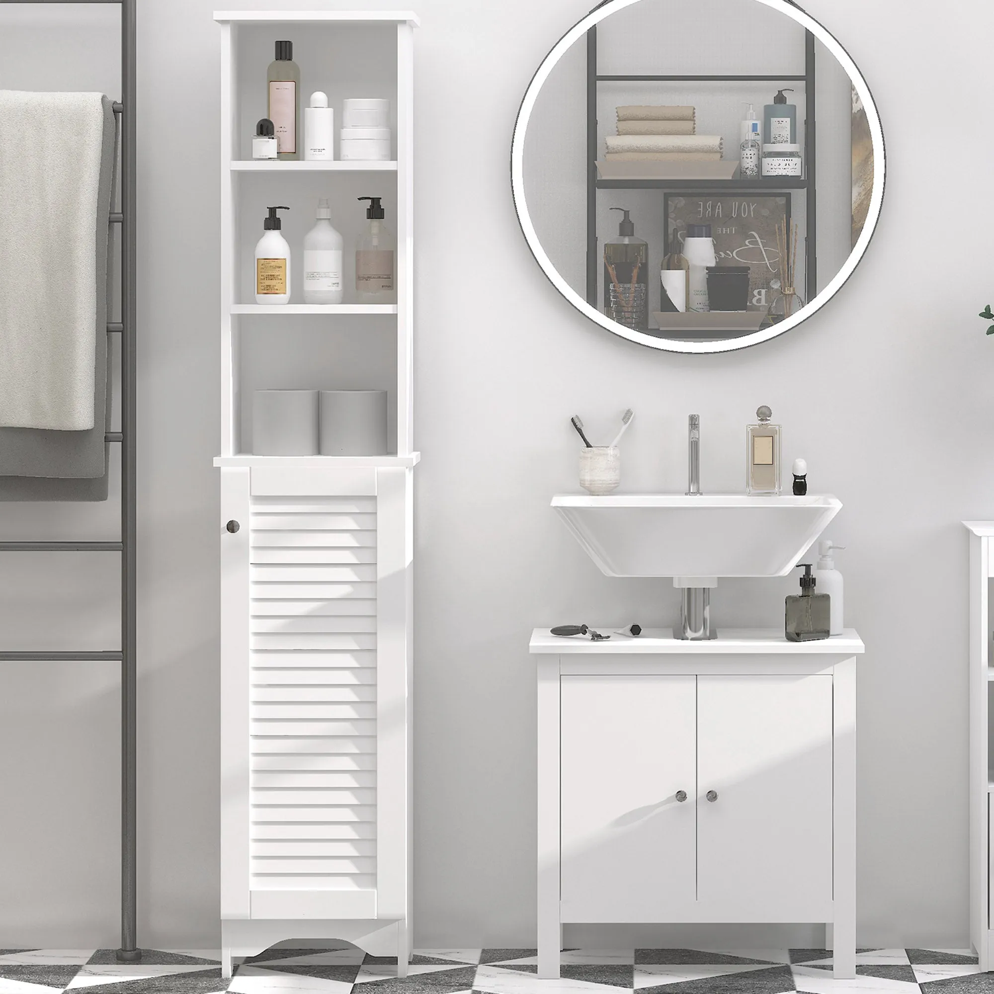Bathroom Column with 3-Tier Shelf and Closed Cabinet, in MDF and Chipboard, 34x20x165 cm, White - Image 2