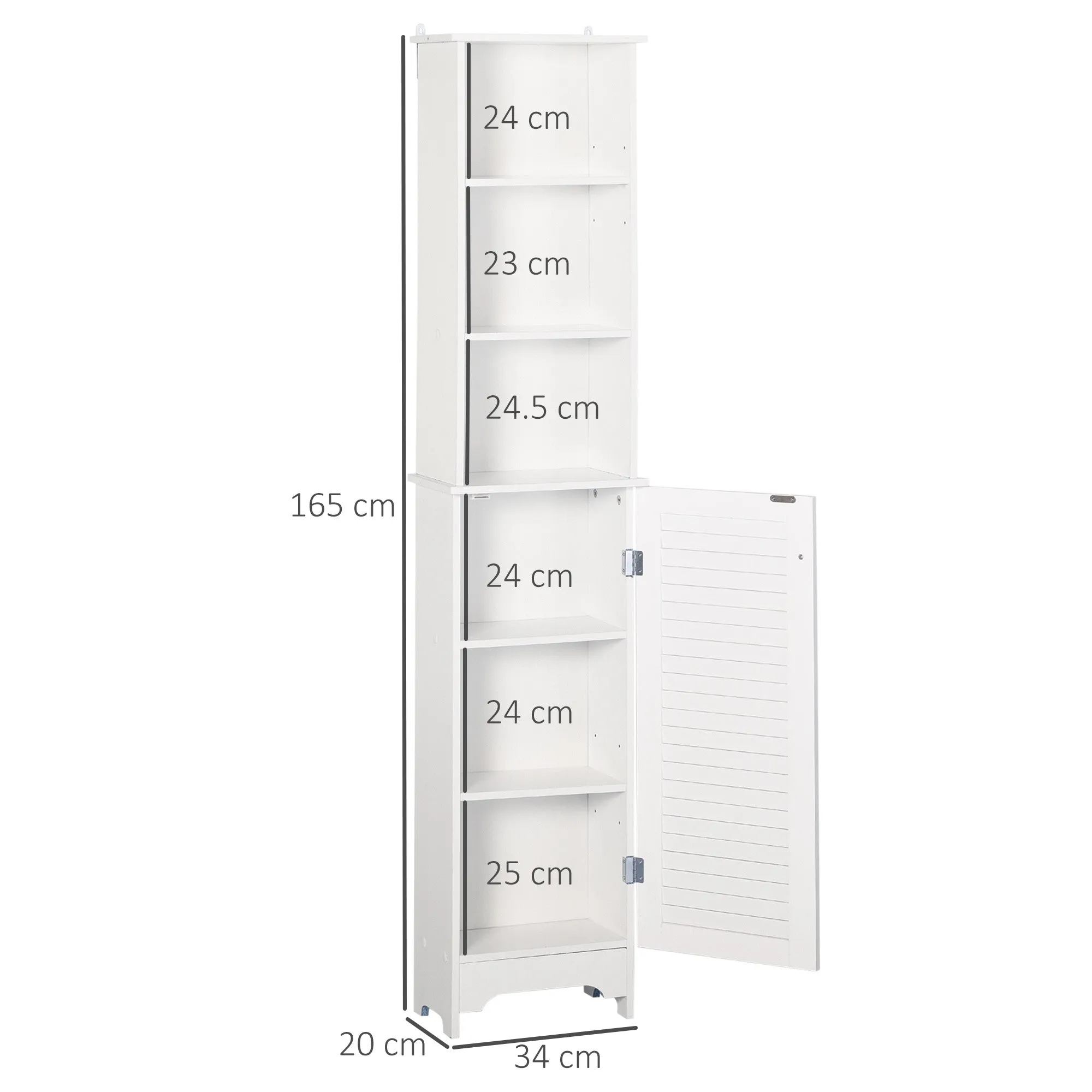 Bathroom Column with 3-Tier Shelf and Closed Cabinet, in MDF and Chipboard, 34x20x165 cm, White - Image 3