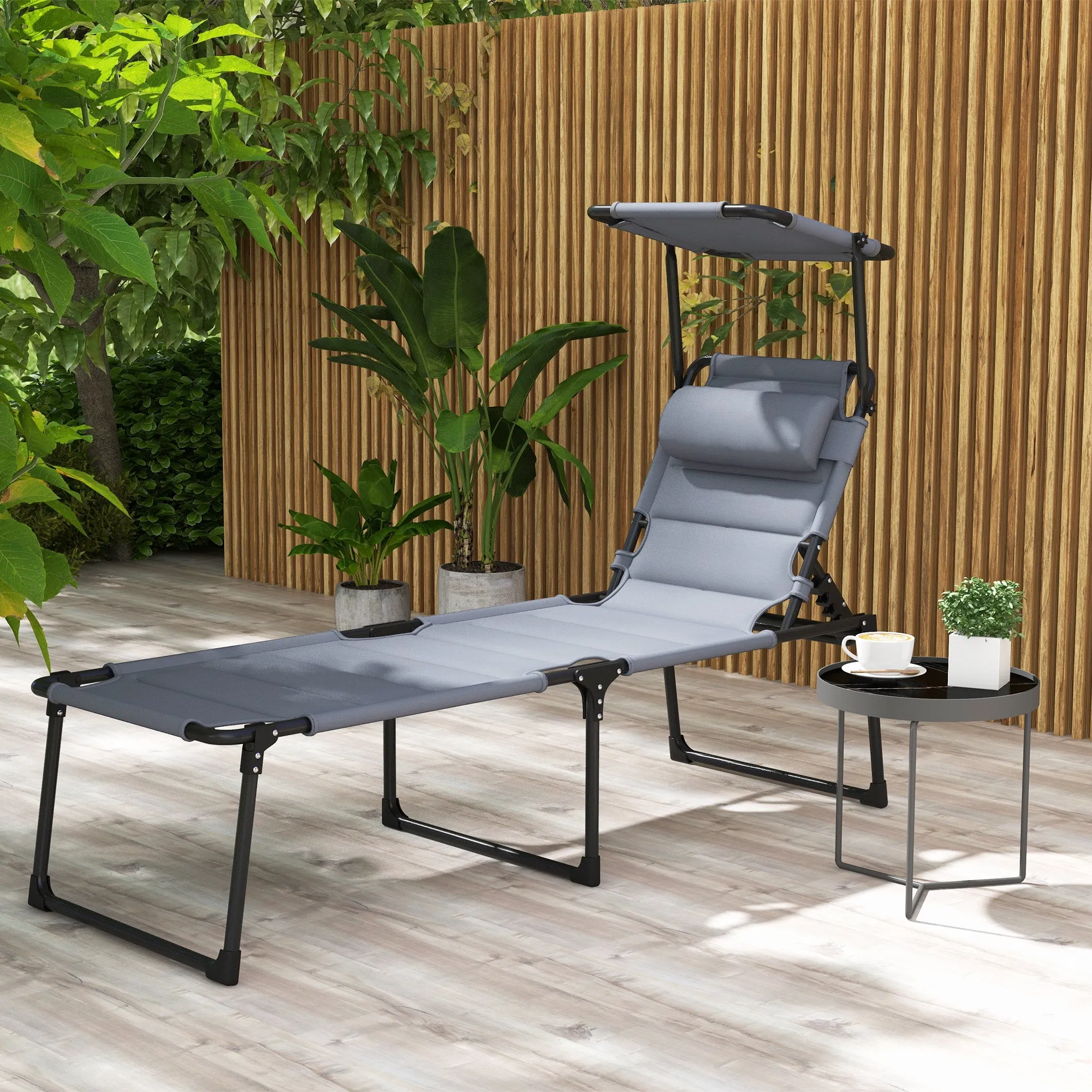 Foldable Sun Lounger with 4-Level Adjustable Backrest, Cushion and Padding, Grey - Image 3