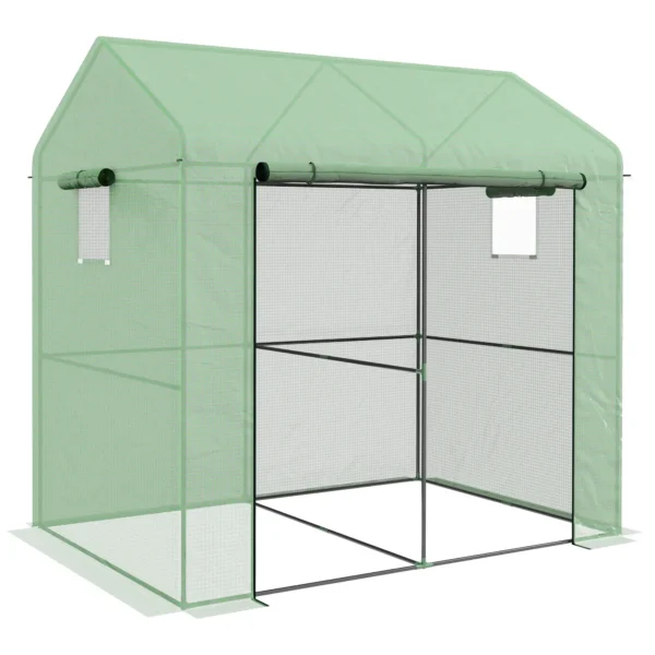 2-Section Greenhouse with Roller Door and Windows, Steel and PE, 200x140x200 cm, Green