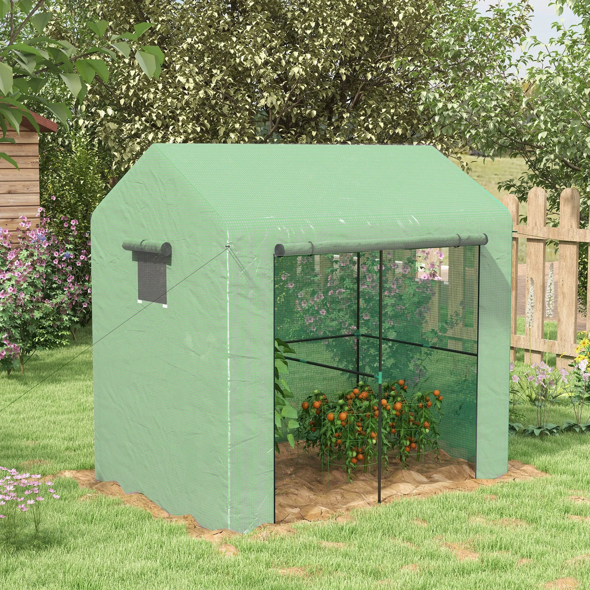 2-Section Greenhouse with Roller Door and Windows, Steel and PE, 200x140x200 cm, Green - Image 3