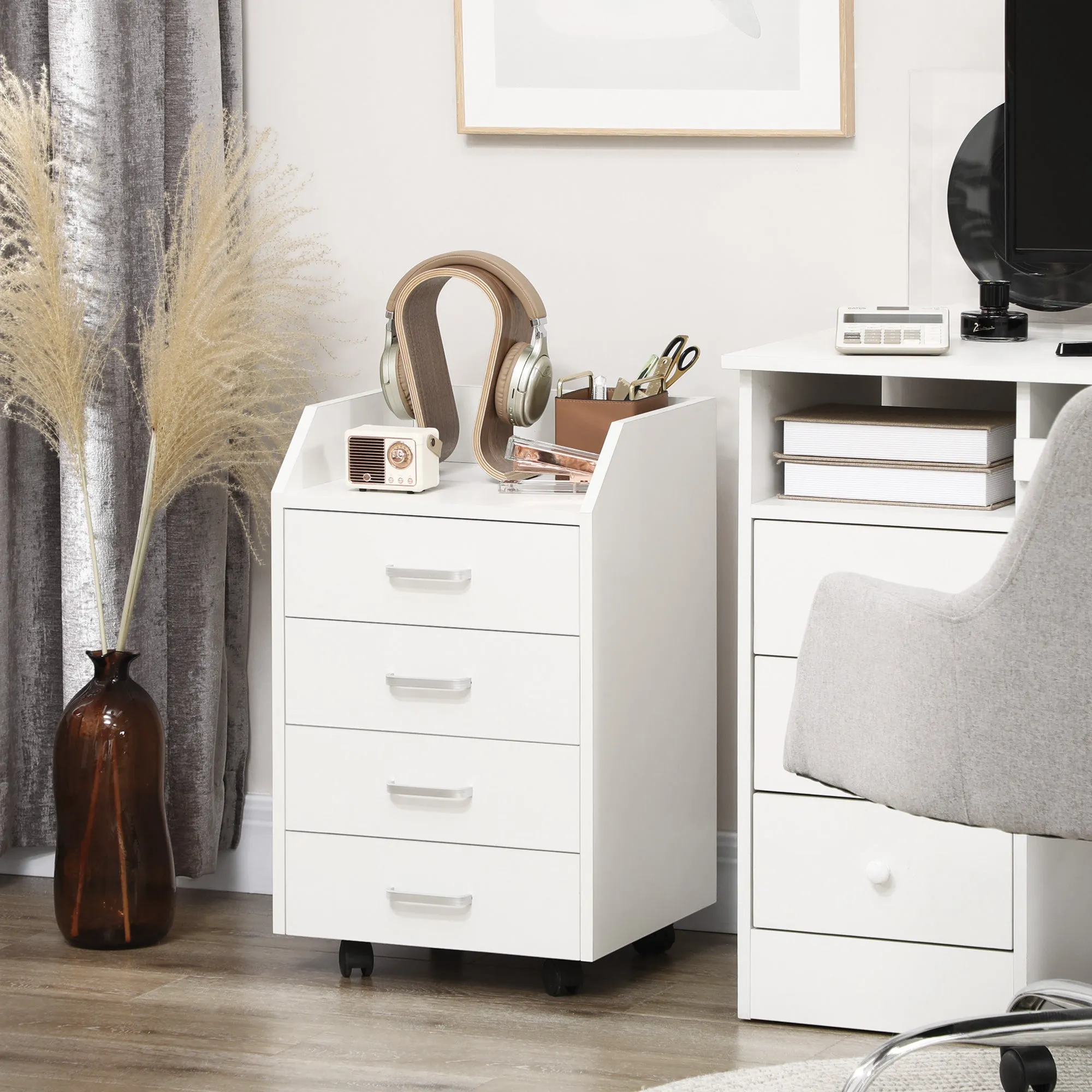 Wooden Office Chest with 4 Drawers, Wheels and Raised Edges, 40x36x65cm, White - Image 3