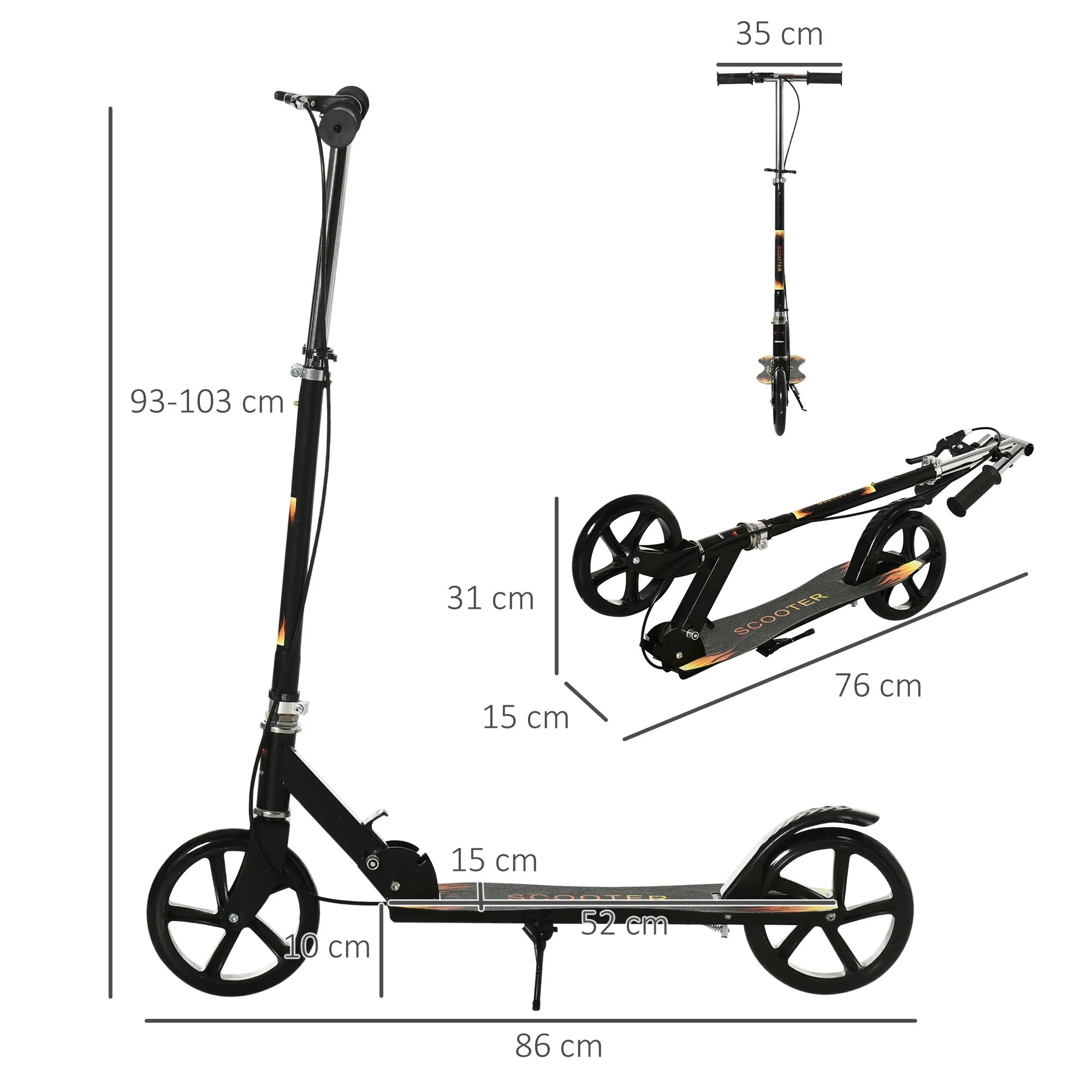 Children's Scooter 7-14 Years with 3-Height Adjustable Handlebar, 86x35x93/98/103 cm, Black - Image 3