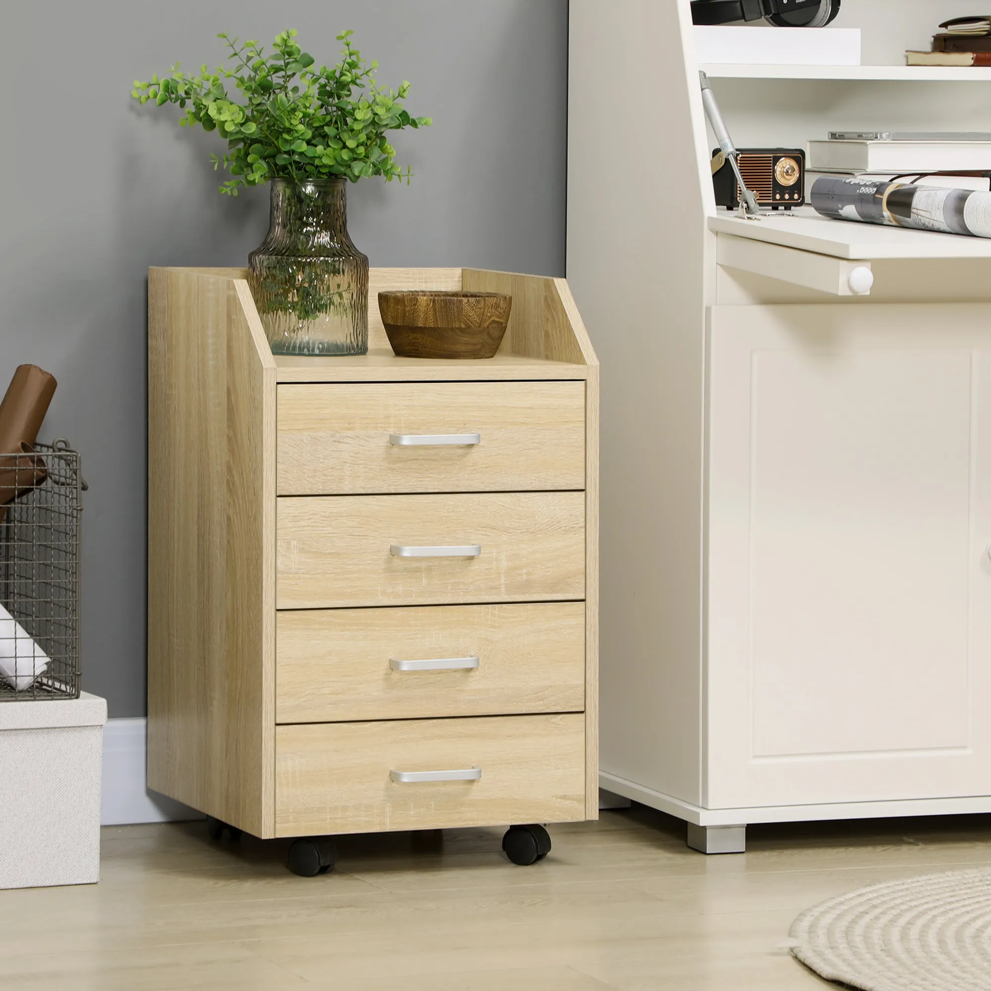 Wooden Office Chest with 4 Drawers, Wheels and Raised Edges, 40x36x65cm, Natural Wood - Image 2