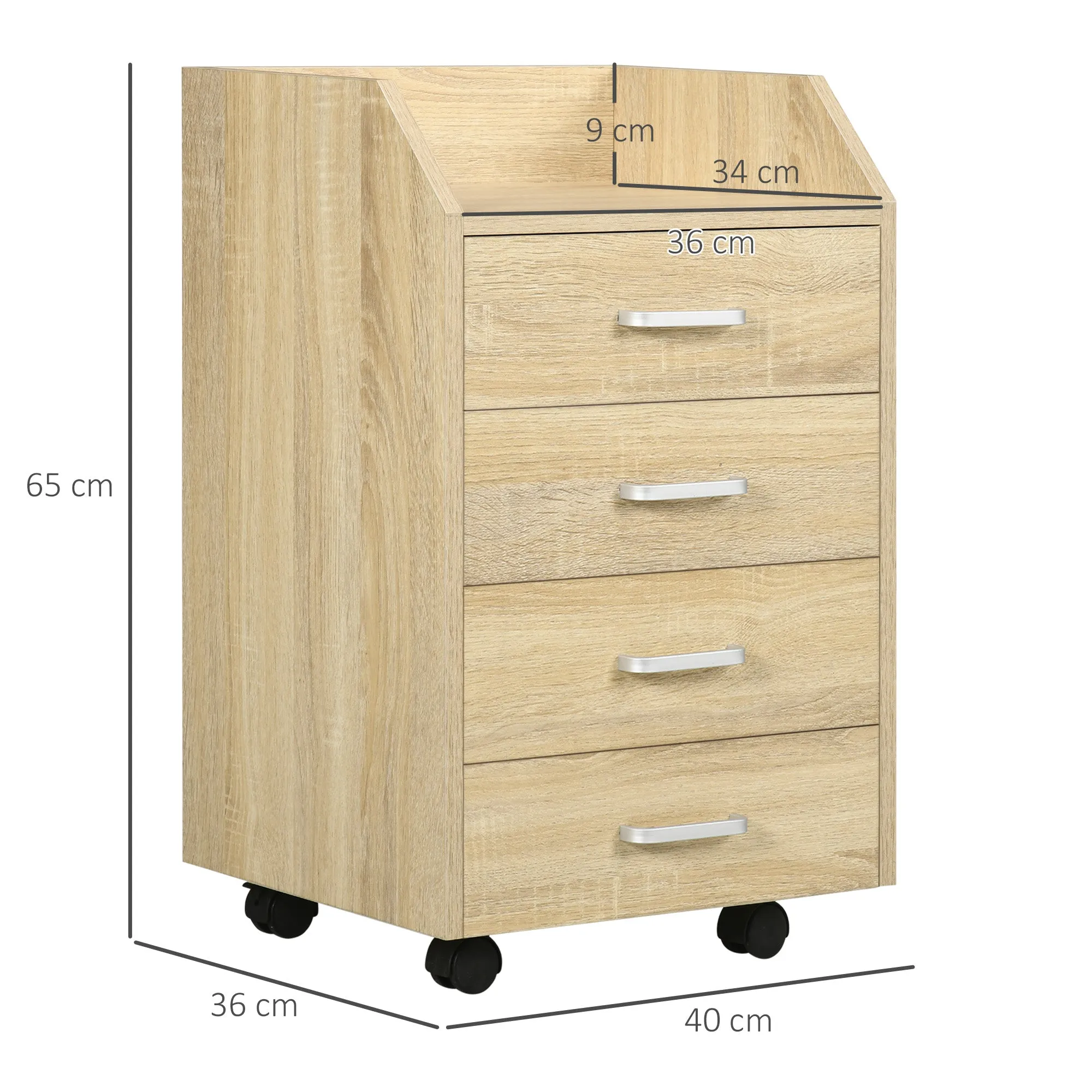 Wooden Office Chest with 4 Drawers, Wheels and Raised Edges, 40x36x65cm, Natural Wood - Image 3