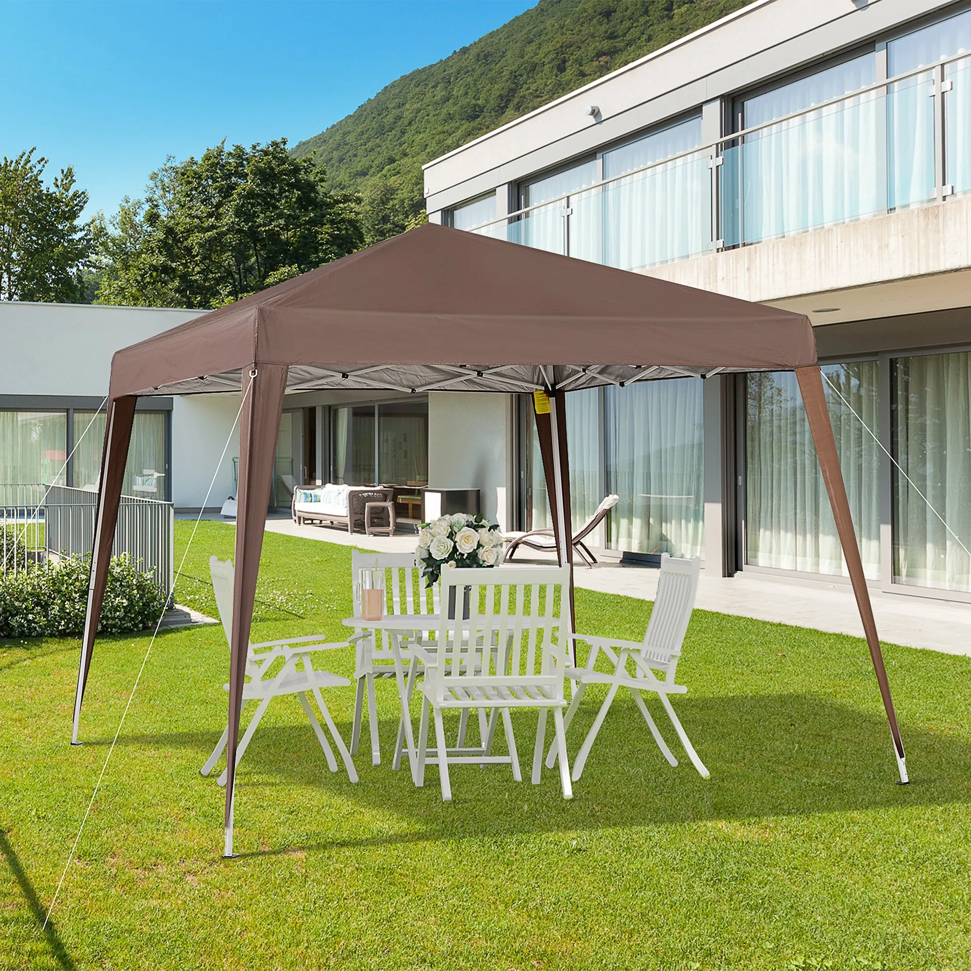 2.4x2.4m Folding Garden Gazebo with Steel Frame and Windproof Ropes, Coffee - Image 2