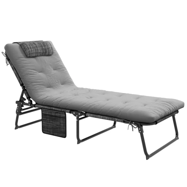 Folding and Reclining Garden Lounger with Side Pocket, 68x189x30 cm, Black and Grey