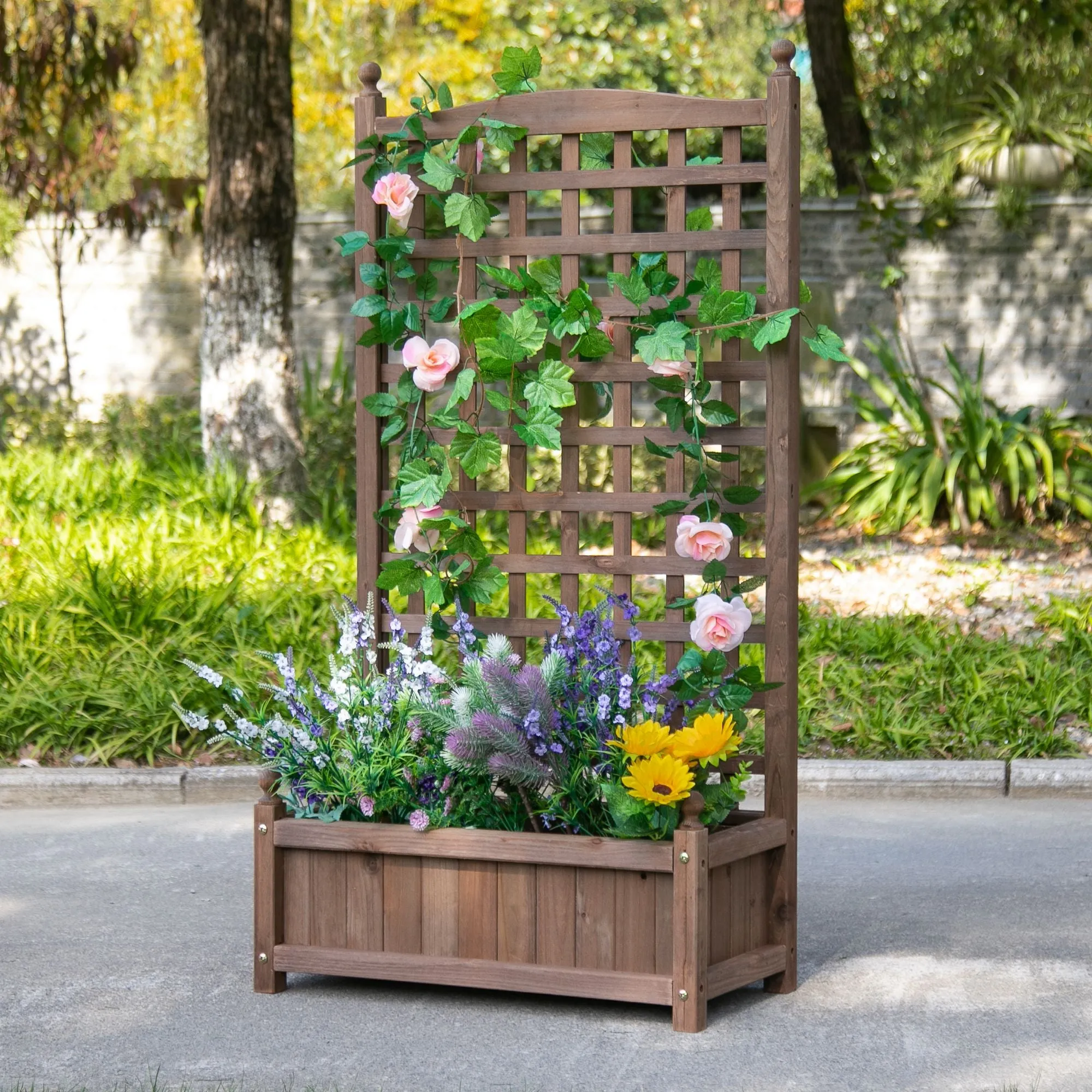 Outdoor Wooden Planter with Trellis for Climbing Plants, 64x28x120cm, Brown - Image 2