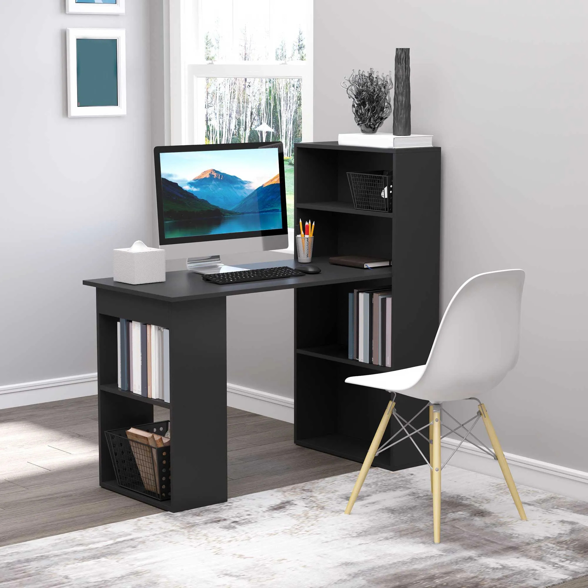 Wooden PC Desk with 6 Side Storage Shelves, 120x55x120 cm, Black - Image 2