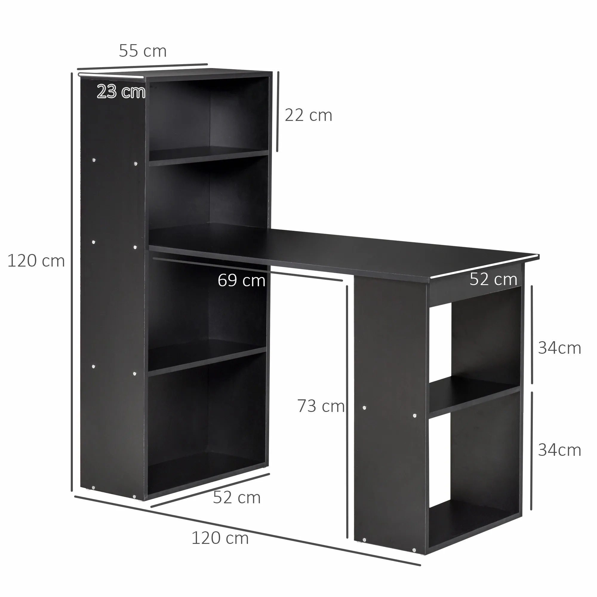 Wooden PC Desk with 6 Side Storage Shelves, 120x55x120 cm, Black - Image 3