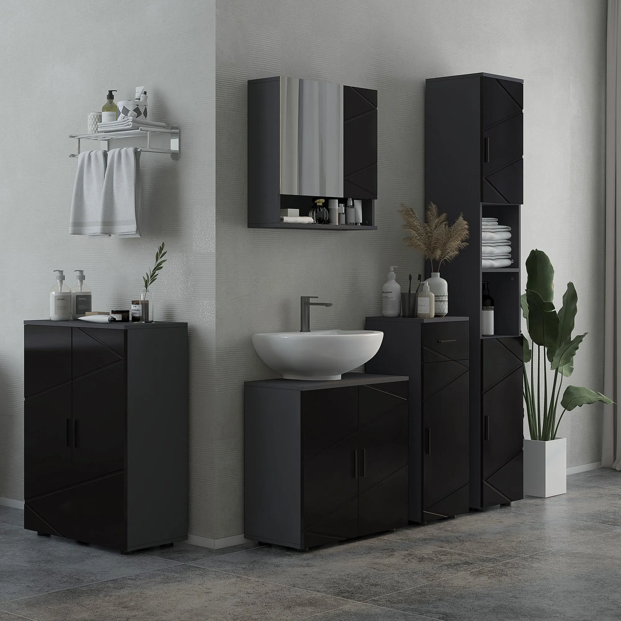 Bathroom Cabinet Chipboard with Drawer and 2-Tier Adjustable Cabinet, 30x30x82 cm, Black and Grey - Image 3