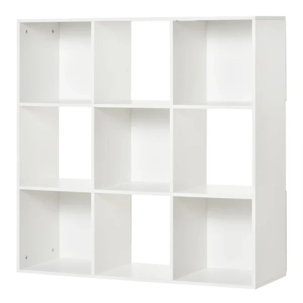 White Bookcase for Home and Office, Modern Design Shelf with 9 Wooden Compartments, 91.5 x 29.5 x 91.5 cm