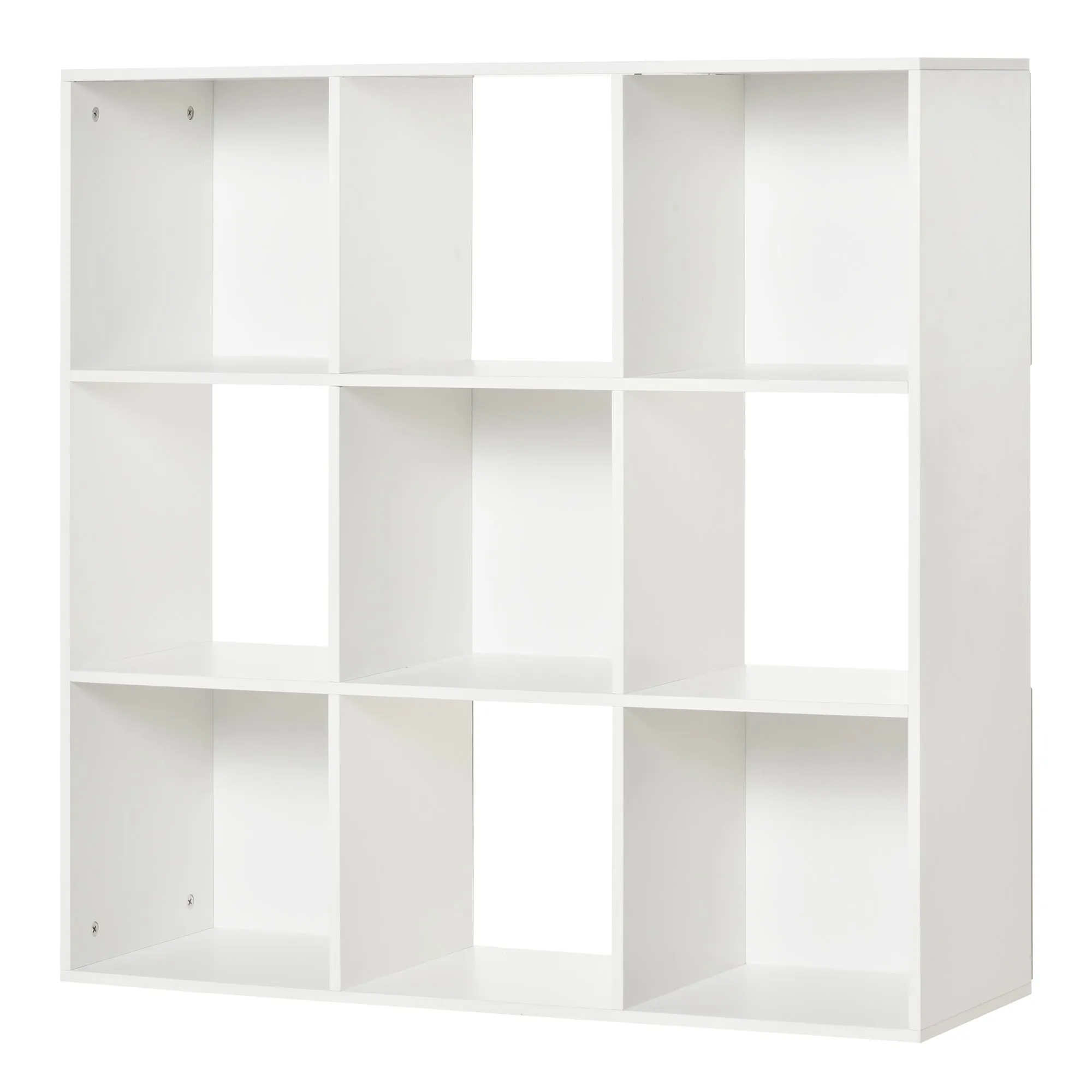 White Bookcase for Home and Office, Modern Design Shelf with 9 Wooden Compartments, 91.5 x 29.5 x 91.5 cm