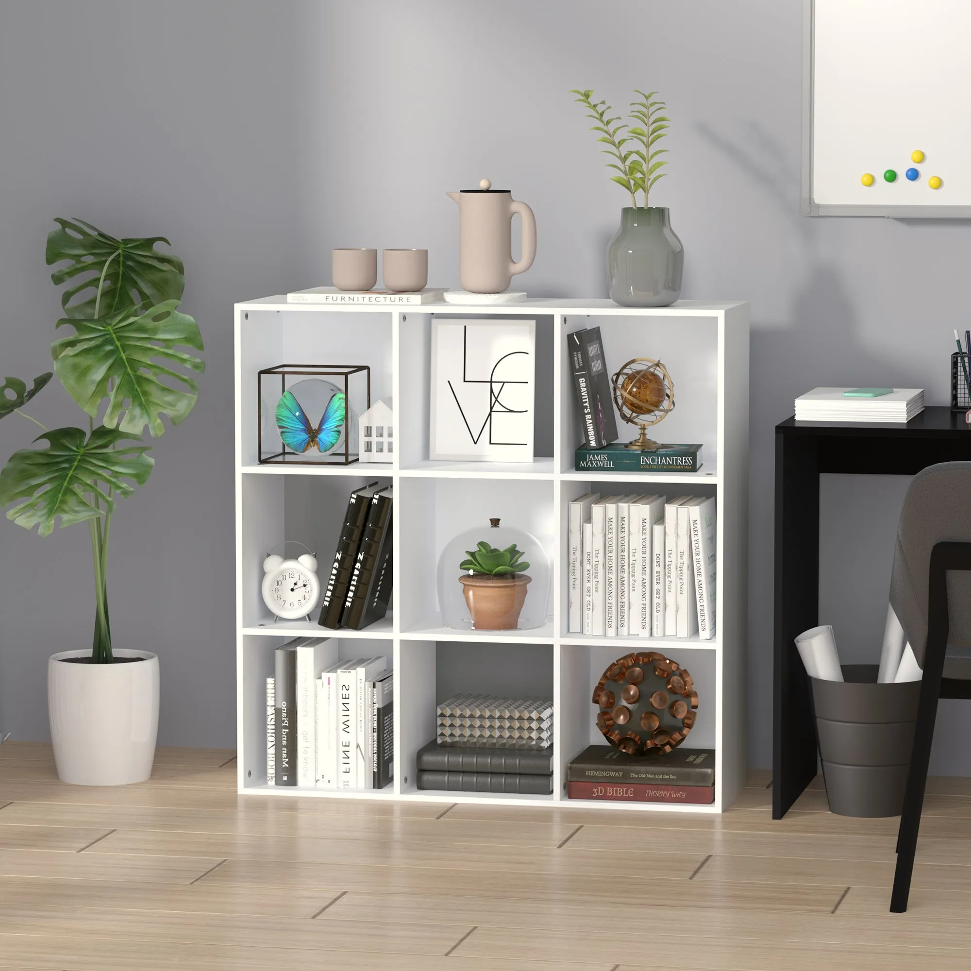 White Bookcase for Home and Office, Modern Design Shelf with 9 Wooden Compartments, 91.5 x 29.5 x 91.5 cm - Image 2