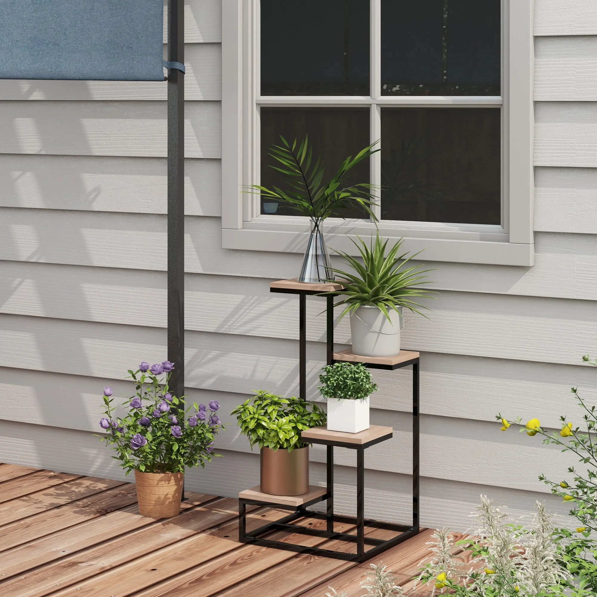 4-Tier Steel and Wood Plant Shelf, 40x40x75.5 cm, Brown and Black - Image 3