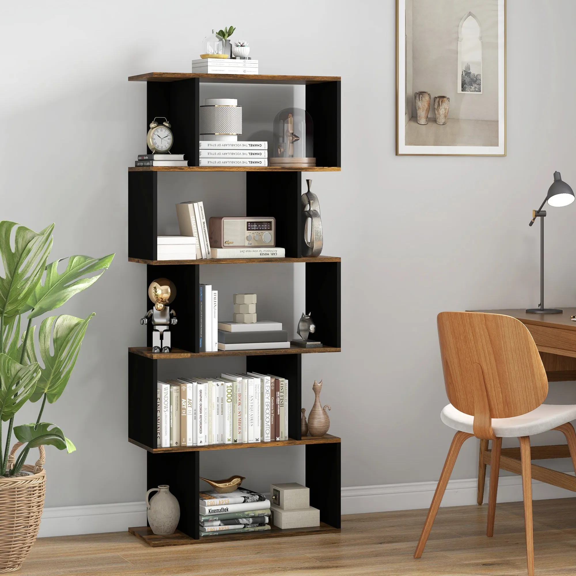 Modern Asymmetric Wall Bookcase with 5 Wooden Shelves, 70x29.5x163cm, Rustic Brown - Image 2
