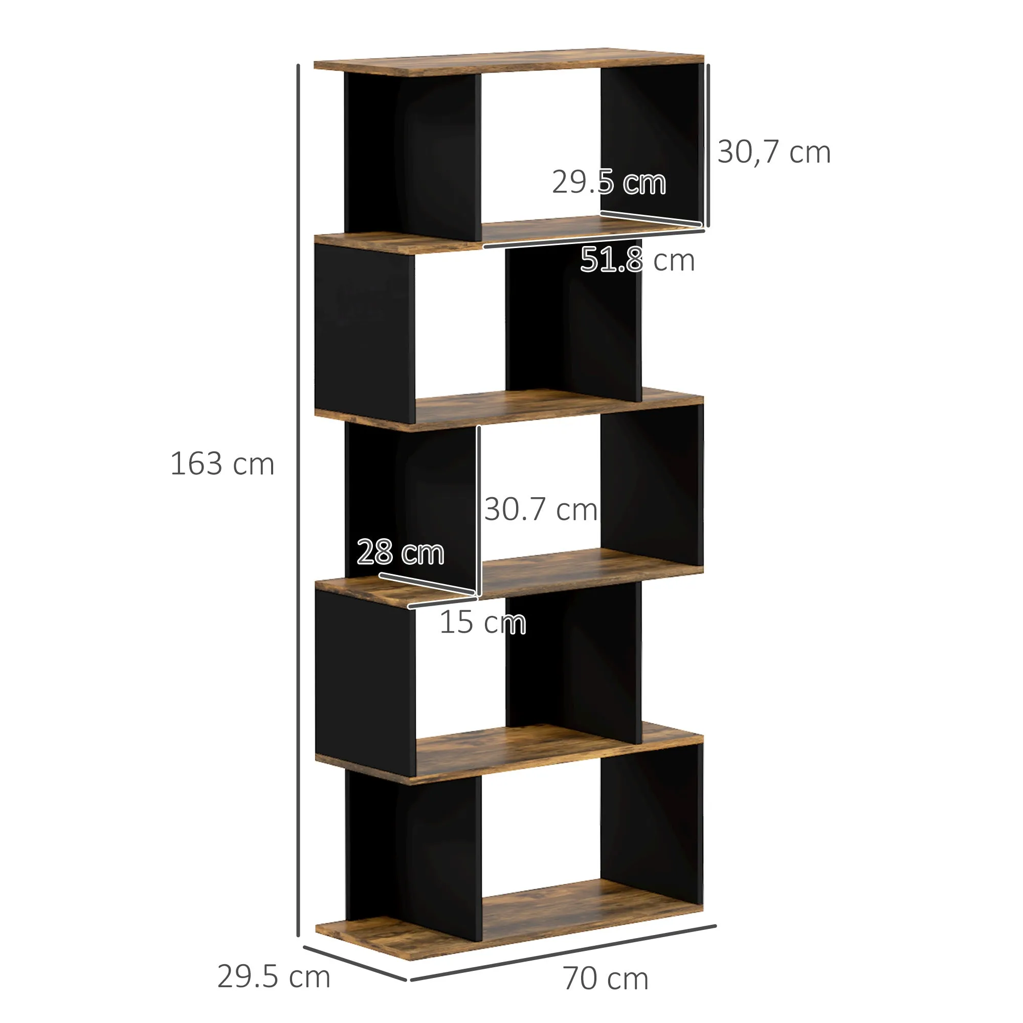 Modern Asymmetric Wall Bookcase with 5 Wooden Shelves, 70x29.5x163cm, Rustic Brown - Image 3