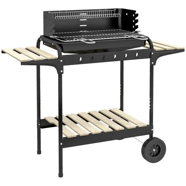 Adjustable Height Charcoal Barbecue with 3 Shelves and Tray, in Metal Wood, 113x53. 5x82. 5 cm, Black
