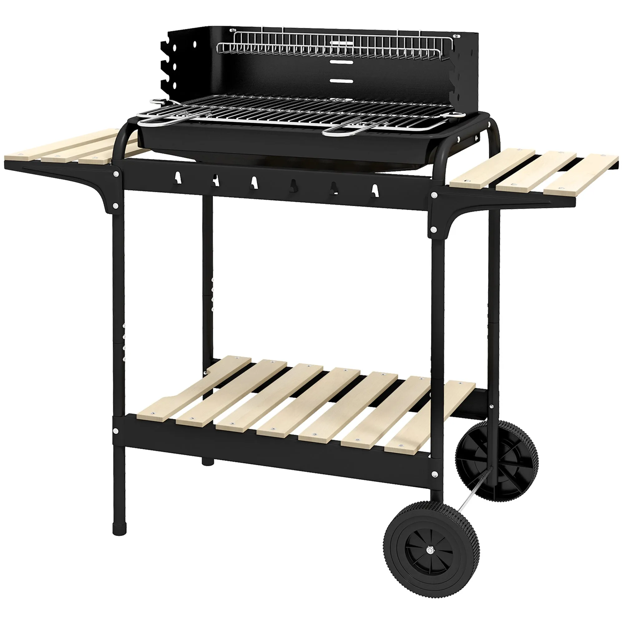 Adjustable Height Charcoal Barbecue with 3 Shelves and Tray, in Metal Wood, 113x53. 5x82. 5 cm, Black - Image 2
