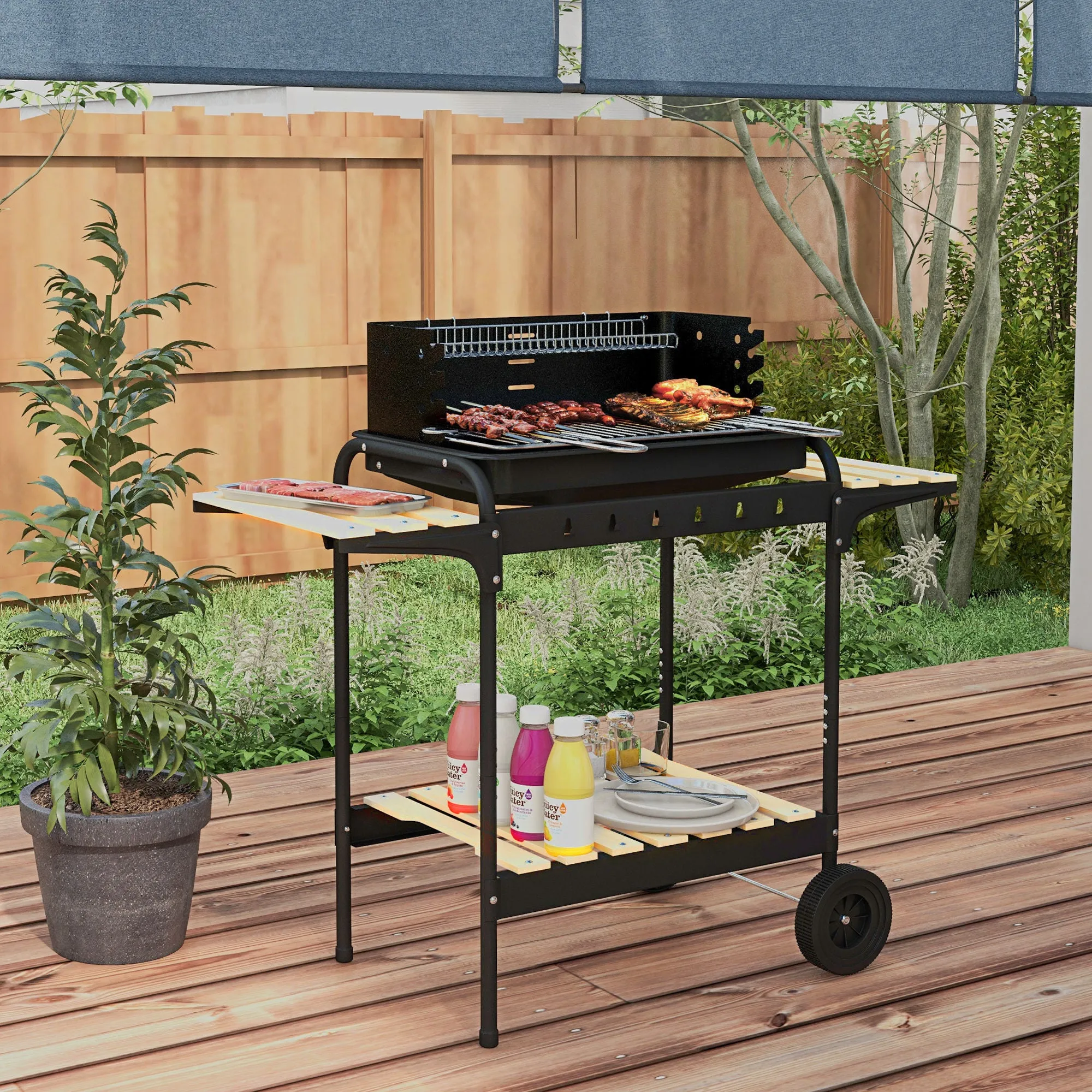 Adjustable Height Charcoal Barbecue with 3 Shelves and Tray, in Metal Wood, 113x53. 5x82. 5 cm, Black - Image 3