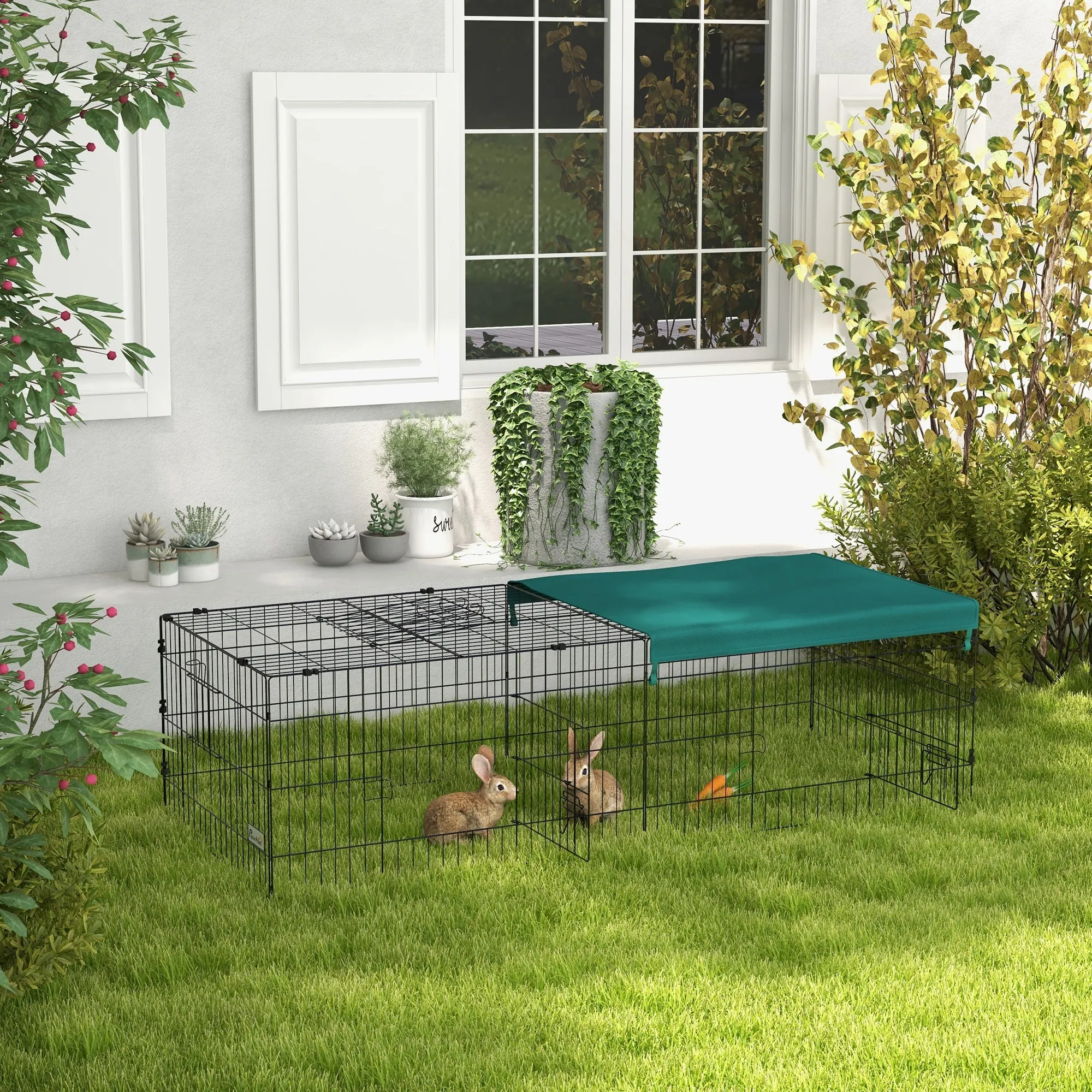 Outdoor and Indoor Rabbit Cage with Steel Roof, 185x75x50cm, Green - Image 2