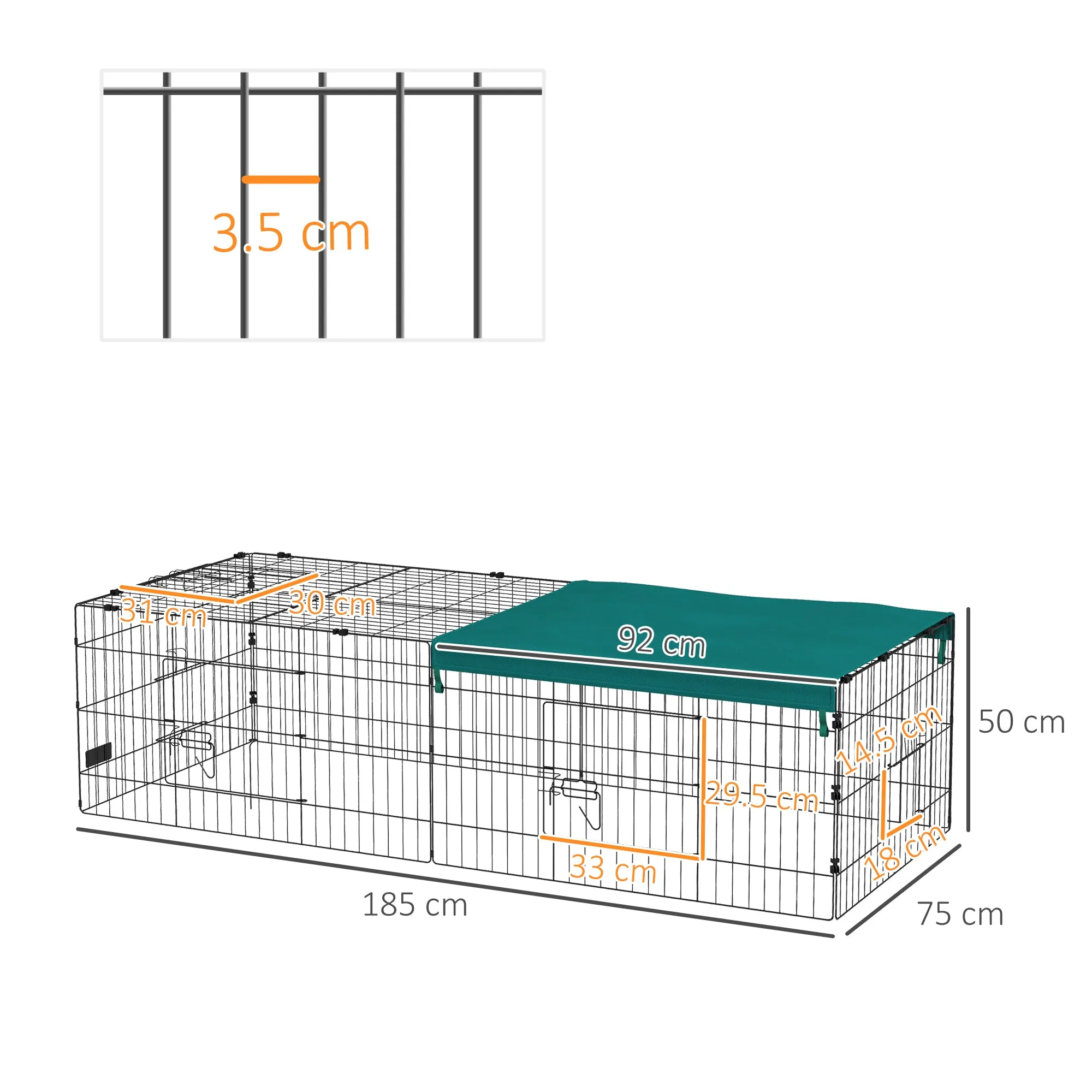 Outdoor and Indoor Rabbit Cage with Steel Roof, 185x75x50cm, Green - Image 3