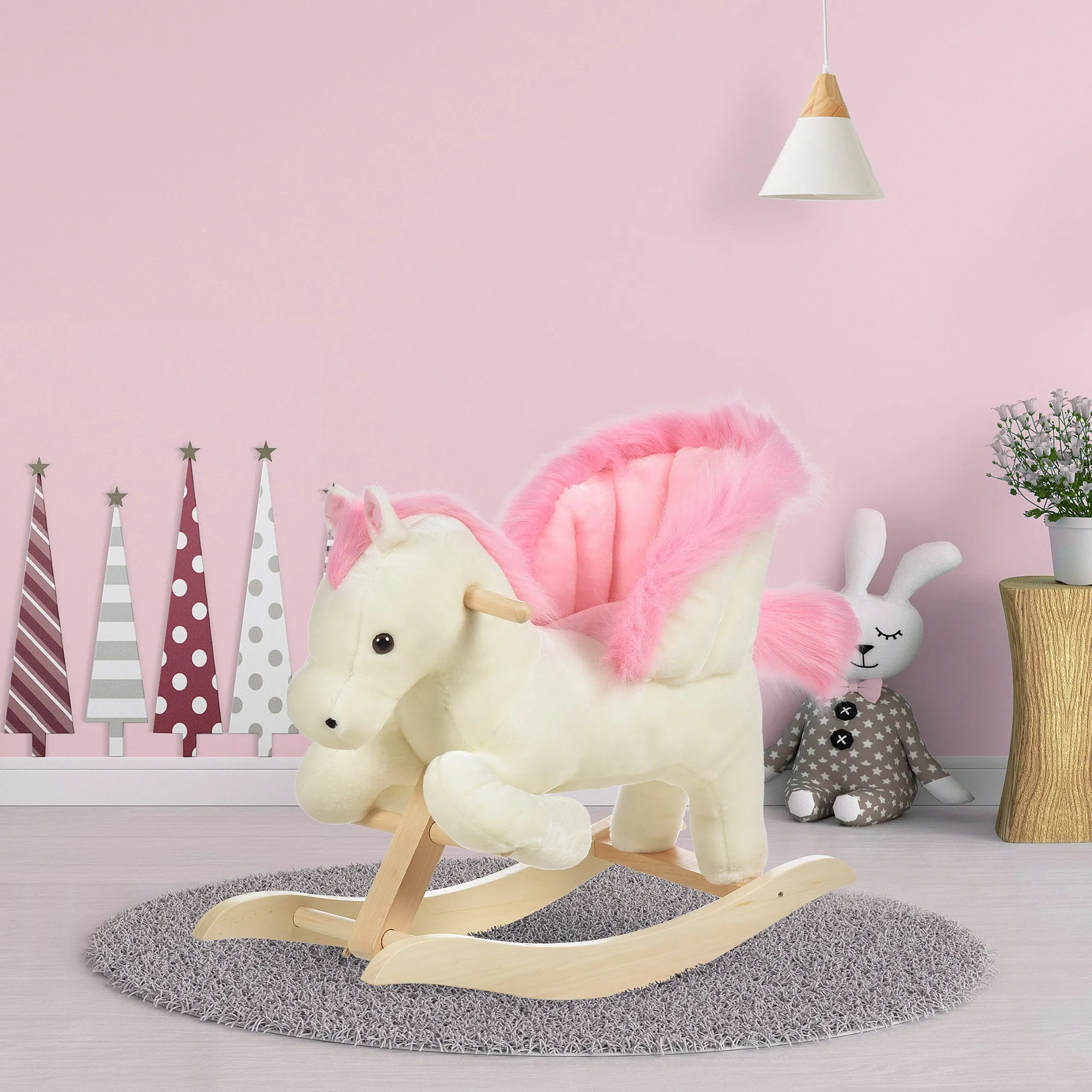 White and Pink Rocking Horse with Sounds and Poplar Wood Structure for Children 18-36 Months, 70x28x57cm - Image 2