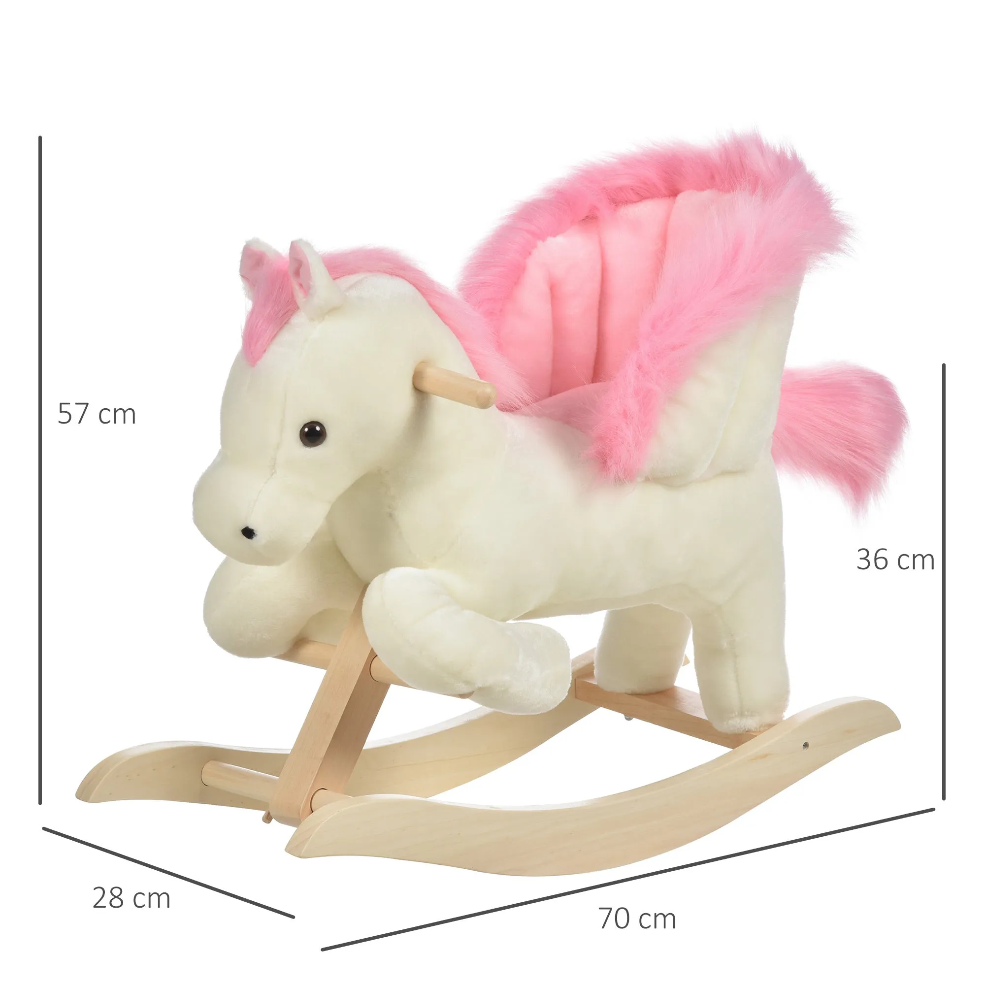 White and Pink Rocking Horse with Sounds and Poplar Wood Structure for Children 18-36 Months, 70x28x57cm - Image 3