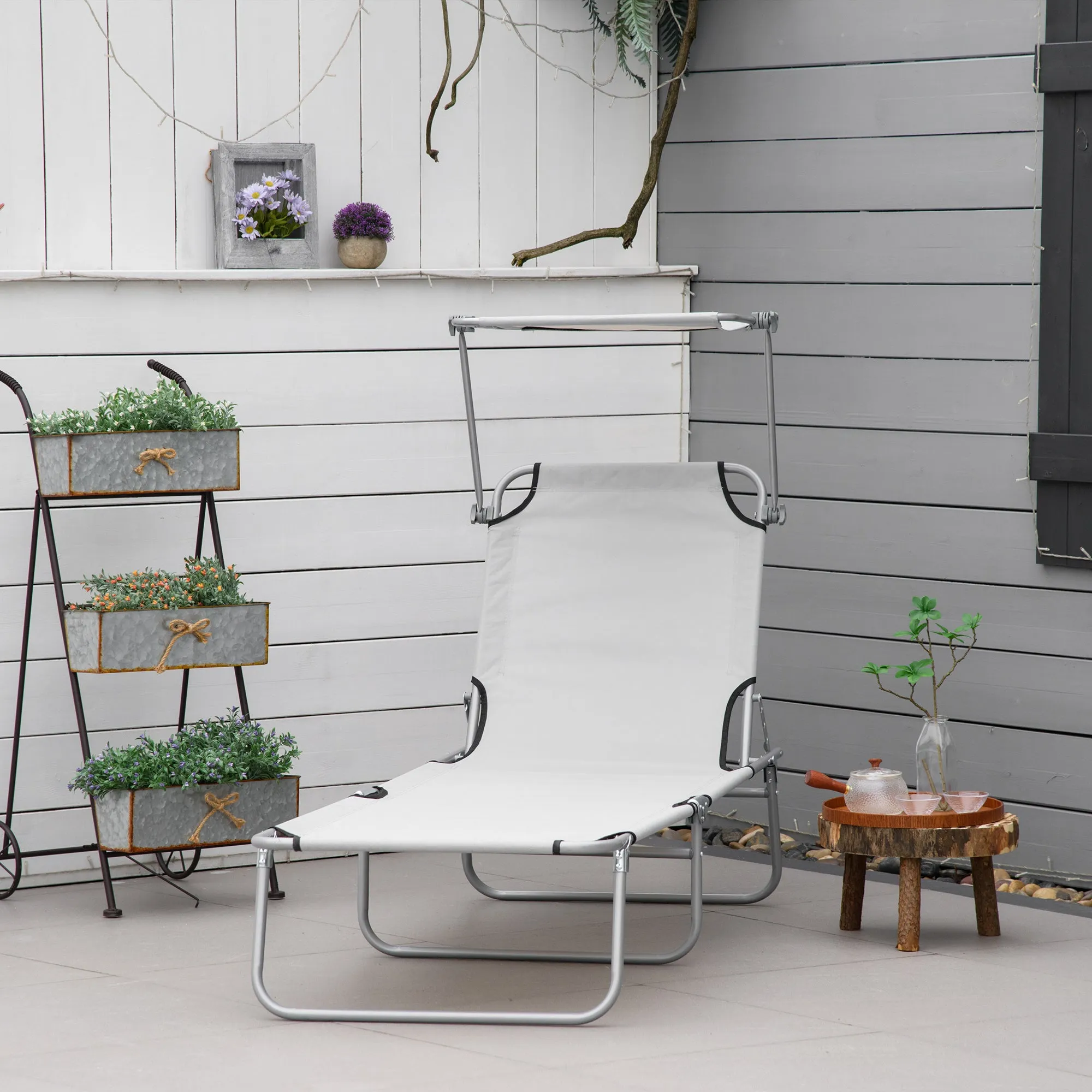 Folding Garden Lounger with Adjustable Canopy and 4-Level Reclining Backrest, Light Grey - Image 3