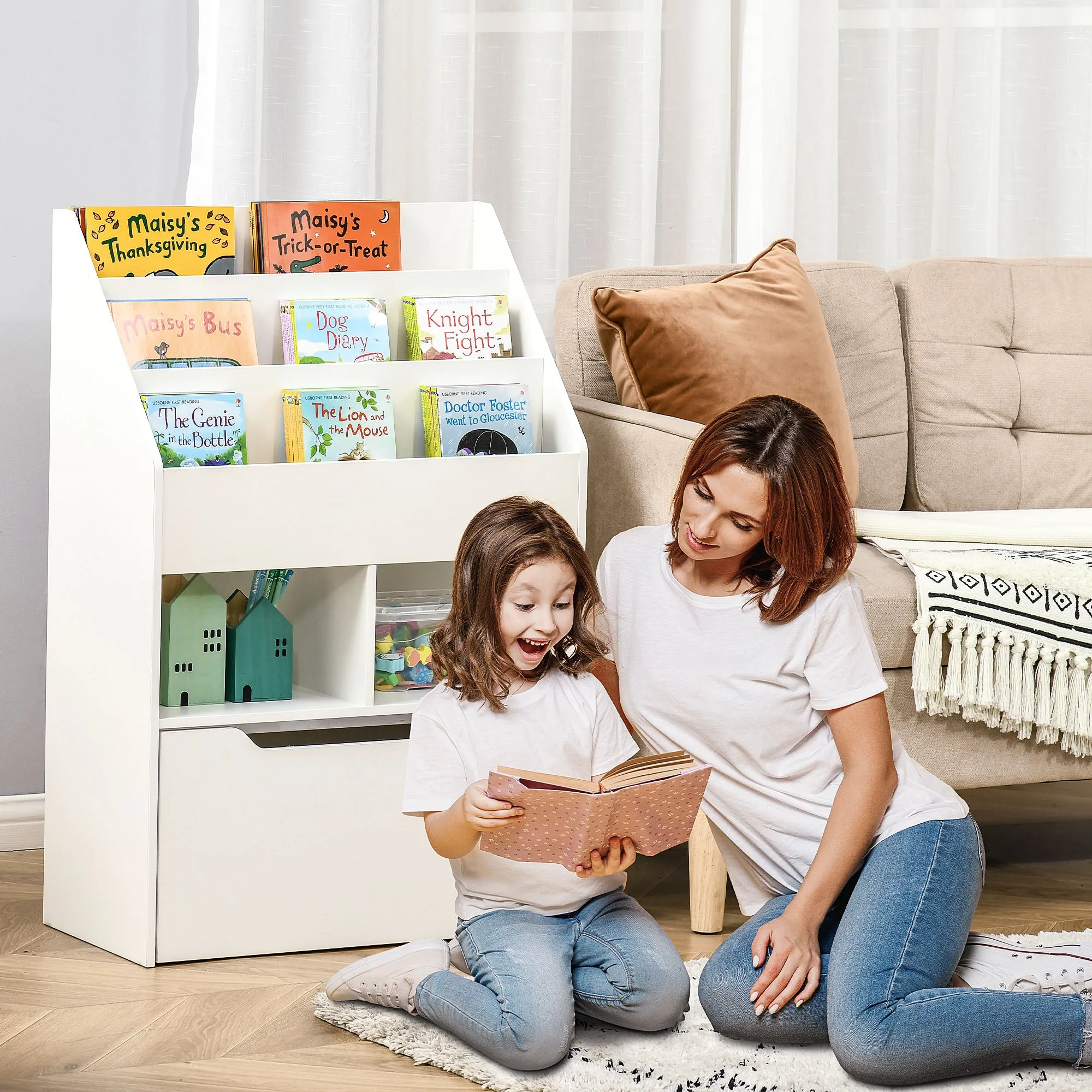 Small Children's Bookcase with MDF Shelves and Drawer, 60x29.9x90cm, White - Image 3