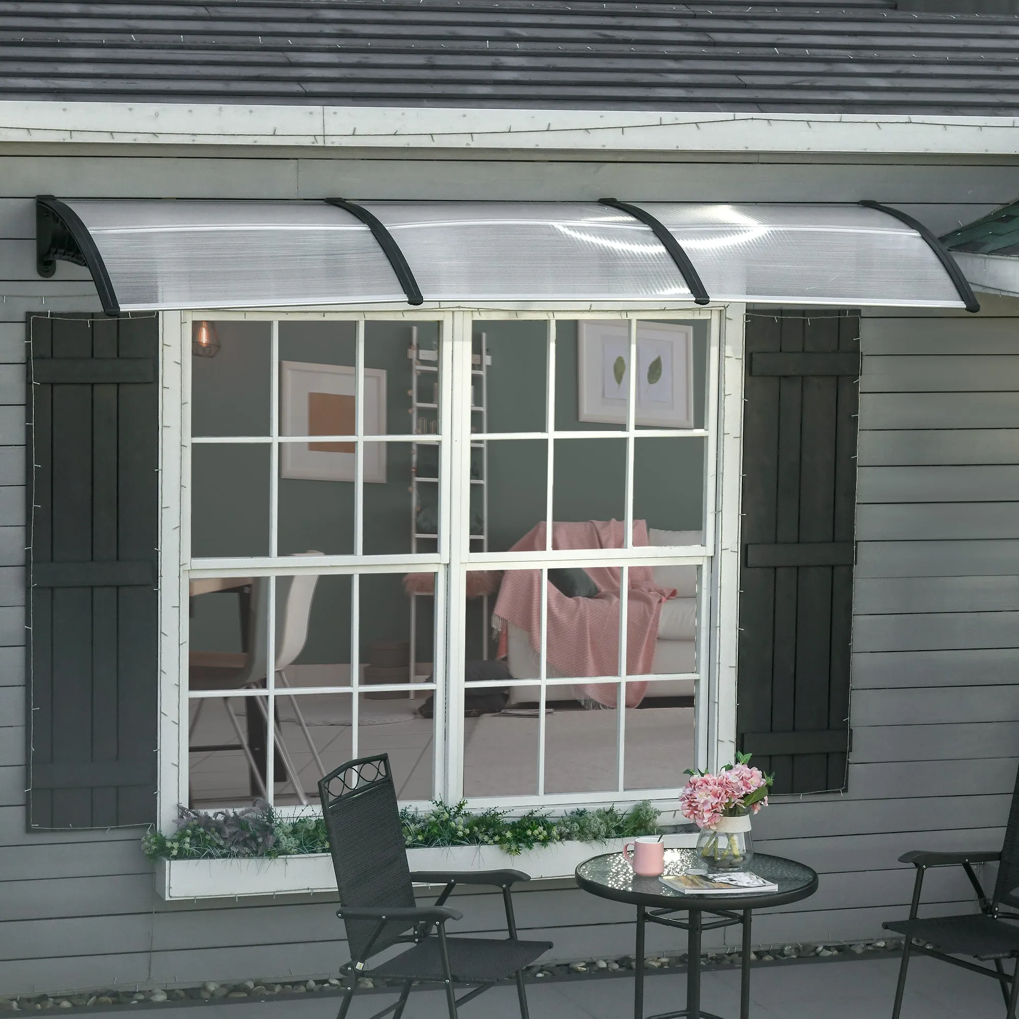 Modern Canopy in Polycarbonate, Aluminum and PP for Balconies, Windows and Doors, 303x96x27 cm, Black and Transparent - Image 2
